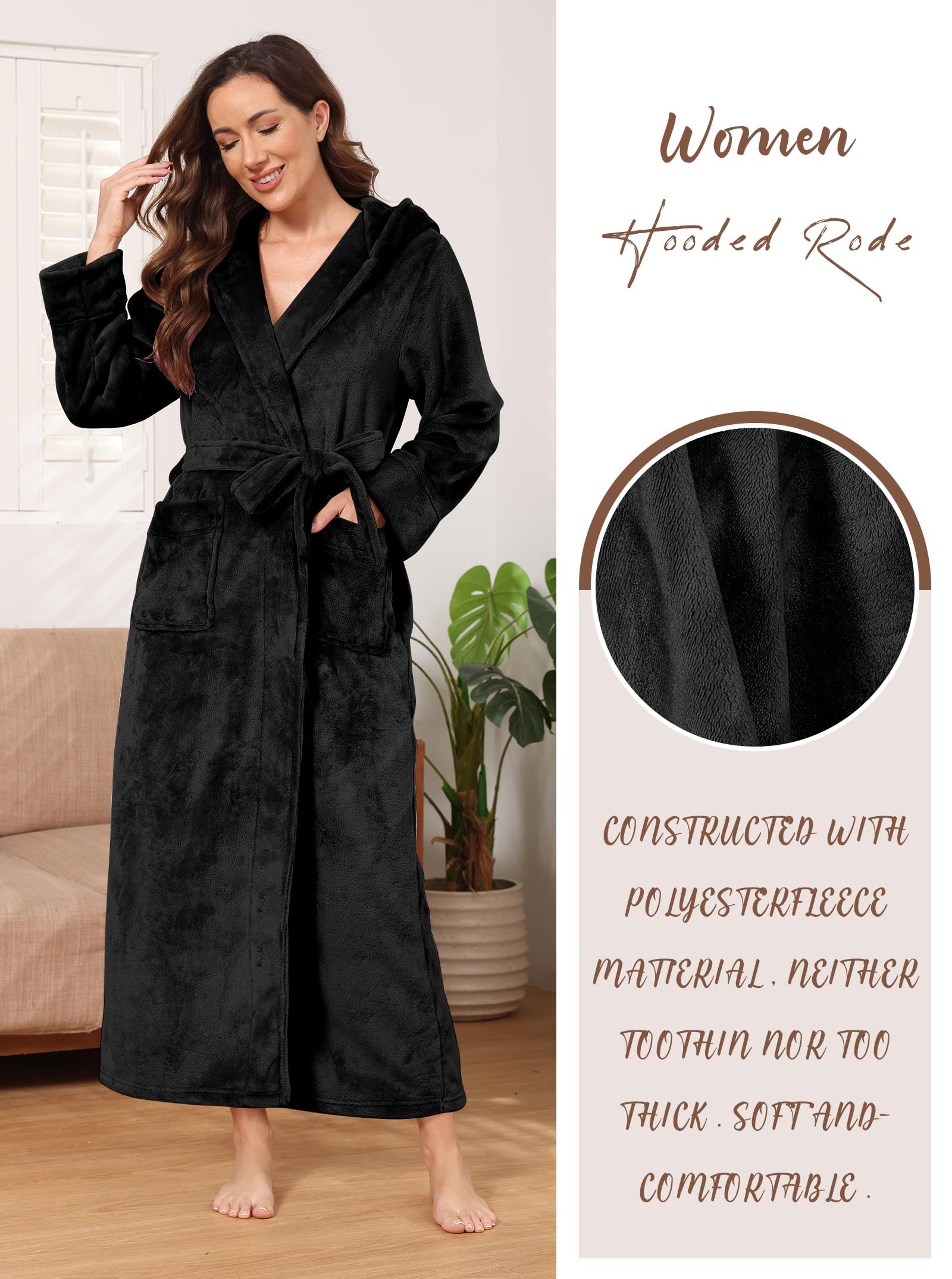 Hellomamma Long Hooded Robe for Women Luxurious Flannel Fleece Full Length Bathrobe Winter Warm Pajamas Shower Nightgown