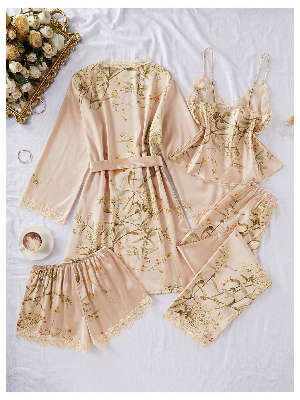 GORGLITTER Women's 5 Piece Floral Print Satin Pajama Set Nightgown Robe Cami Shorts Sleepwear with Storage Bag