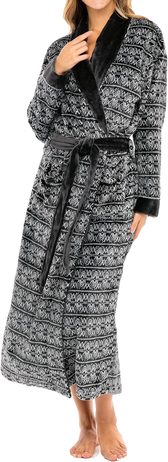 Alexander Del Rossa Plush Striped Robe for Women, Long Fleece Plaid Winter Bath Robe, Plus Size