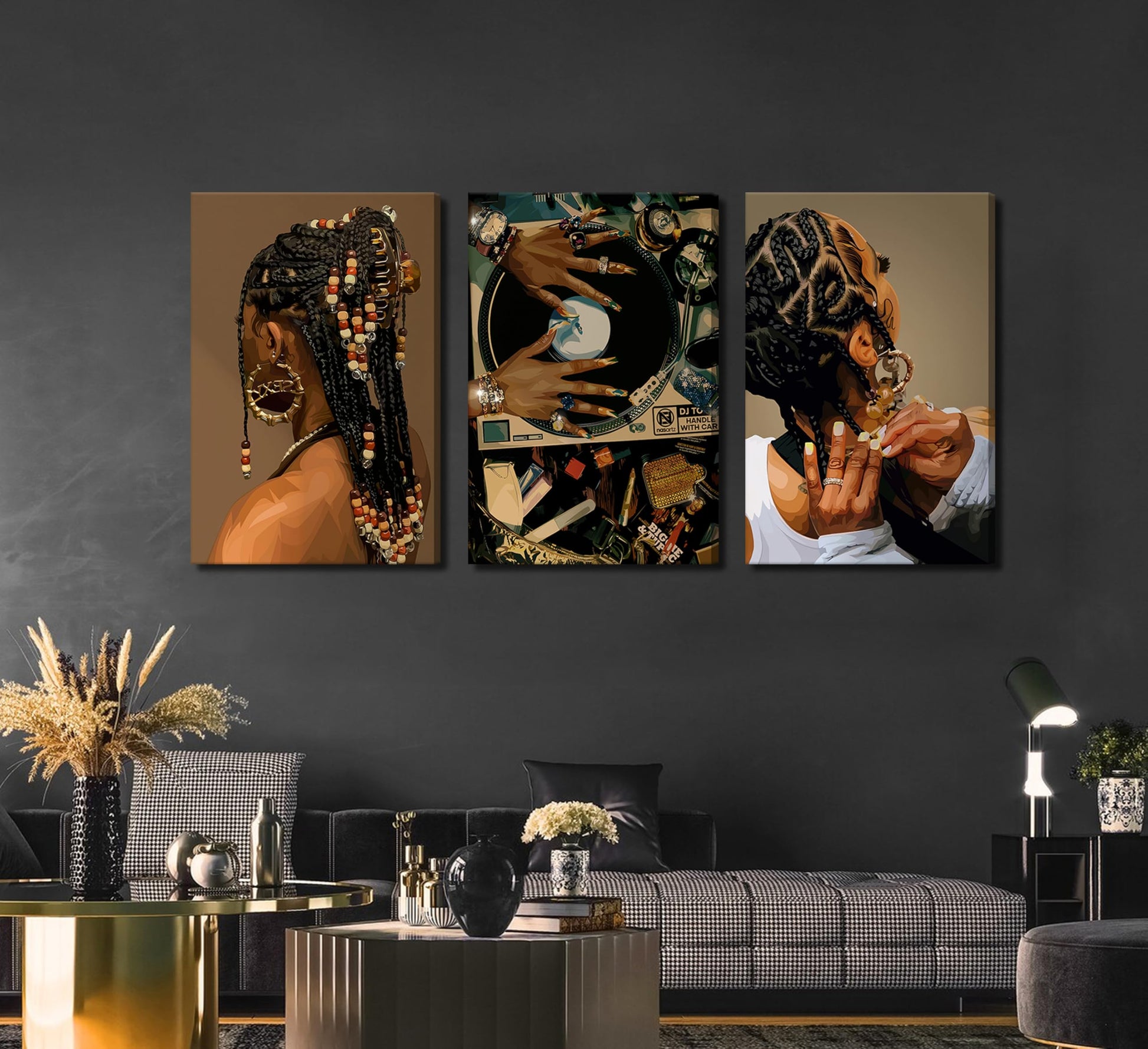 3Pcs Black Woman Canvas Wall art Boho Fashion Black Girl Painting Picture Wall Decor Abstract African American Poster Print Artwork for Living Room Bedroom Office Home Decoration,16x24in Canvas