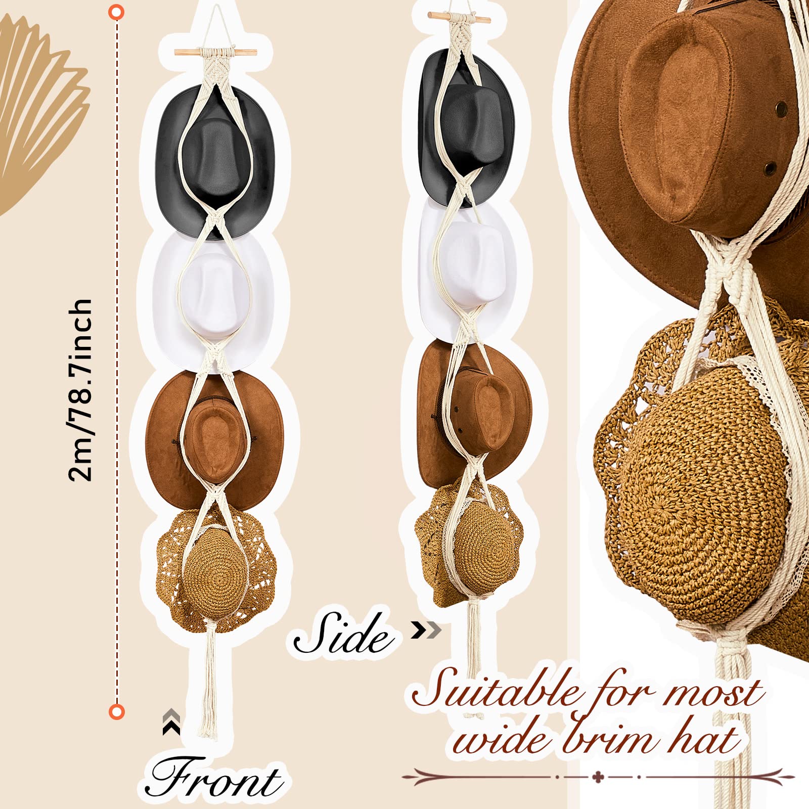 Yulejo Macrame Hat Hangers Boho Hat Rack for Wall Western Cowboy Hanging Organizer for Door Wall Room Bedroom