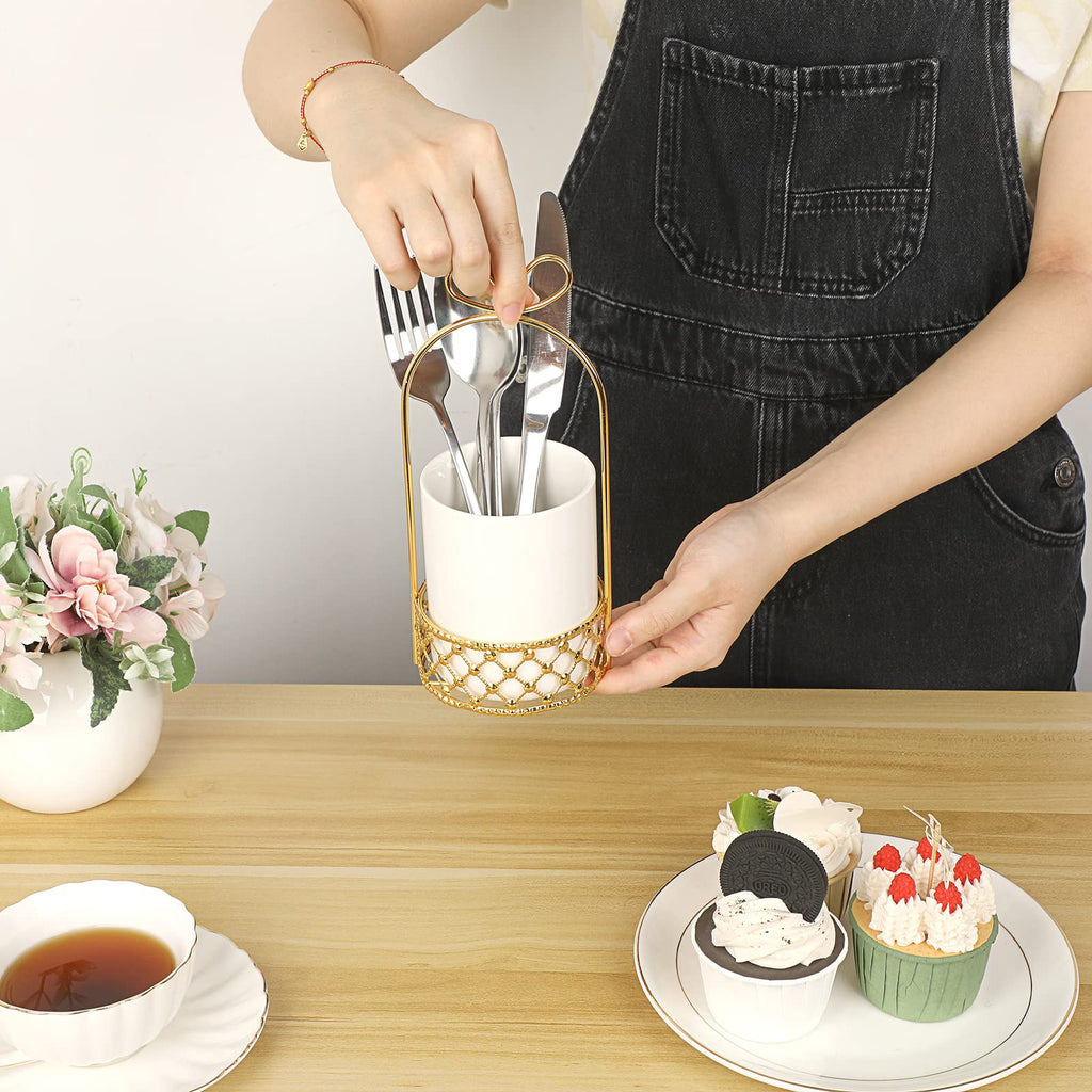 JUXYES Ceramic Silverware Holder For Tabletop, White Cutlery Holder With Golden Metal Bracket, Decorative Flatware Holder Countertop Utensil Holder Organizer for Wedding Kitchen Dining Tables