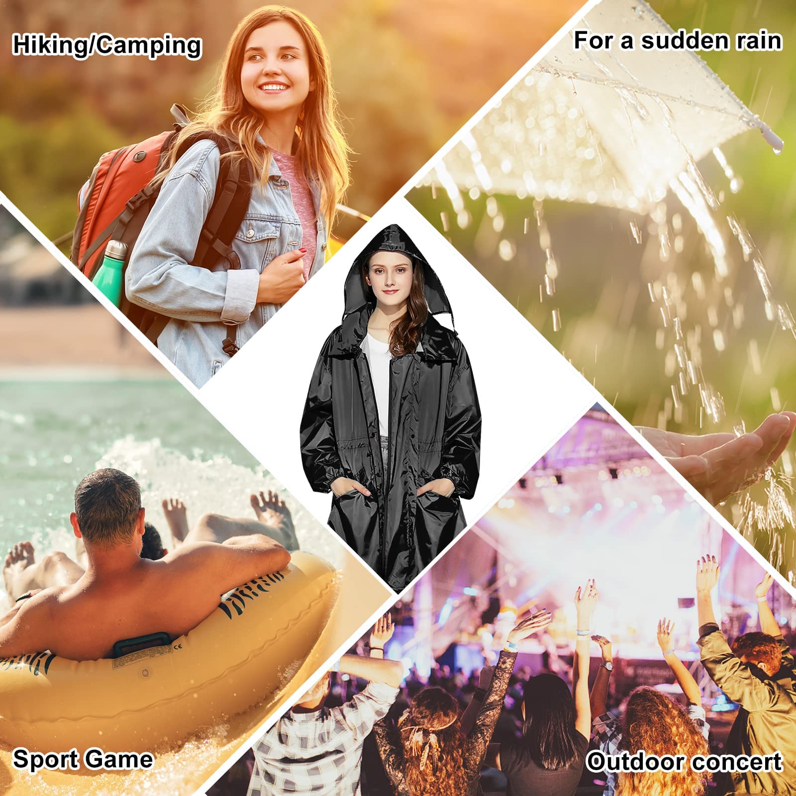 LAMA Womens Long Raincoats Rain Jacket Waterproof Packable Hooded Windbreaker Lightweight Adjustable Waist for Outdoor