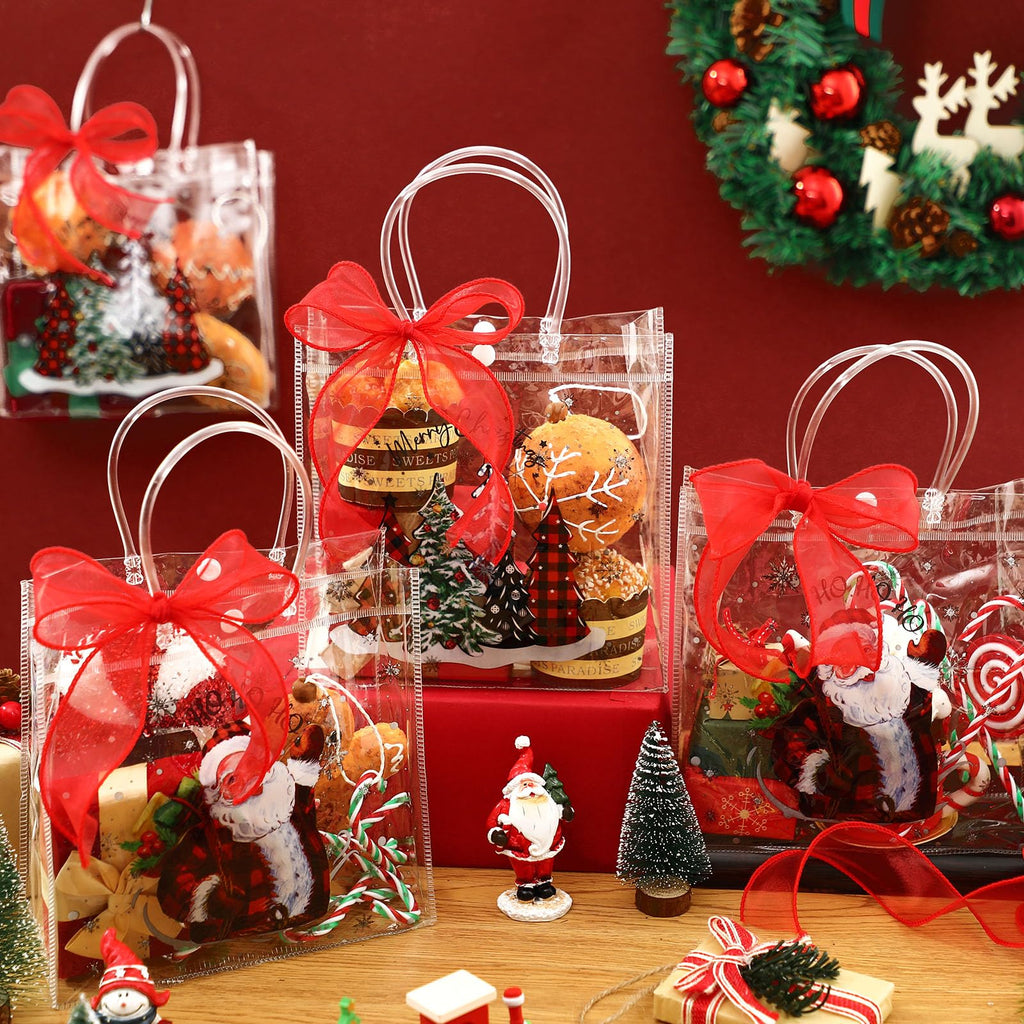 Motipuns 24 Pcs Christmas Clear PVC Gift Bags with Handles and Ribbon African American Black Santa Claus Party Favor Reusable Plastic Candy Treat Tote Bags for Merry New year Xmas Birthday Supplies