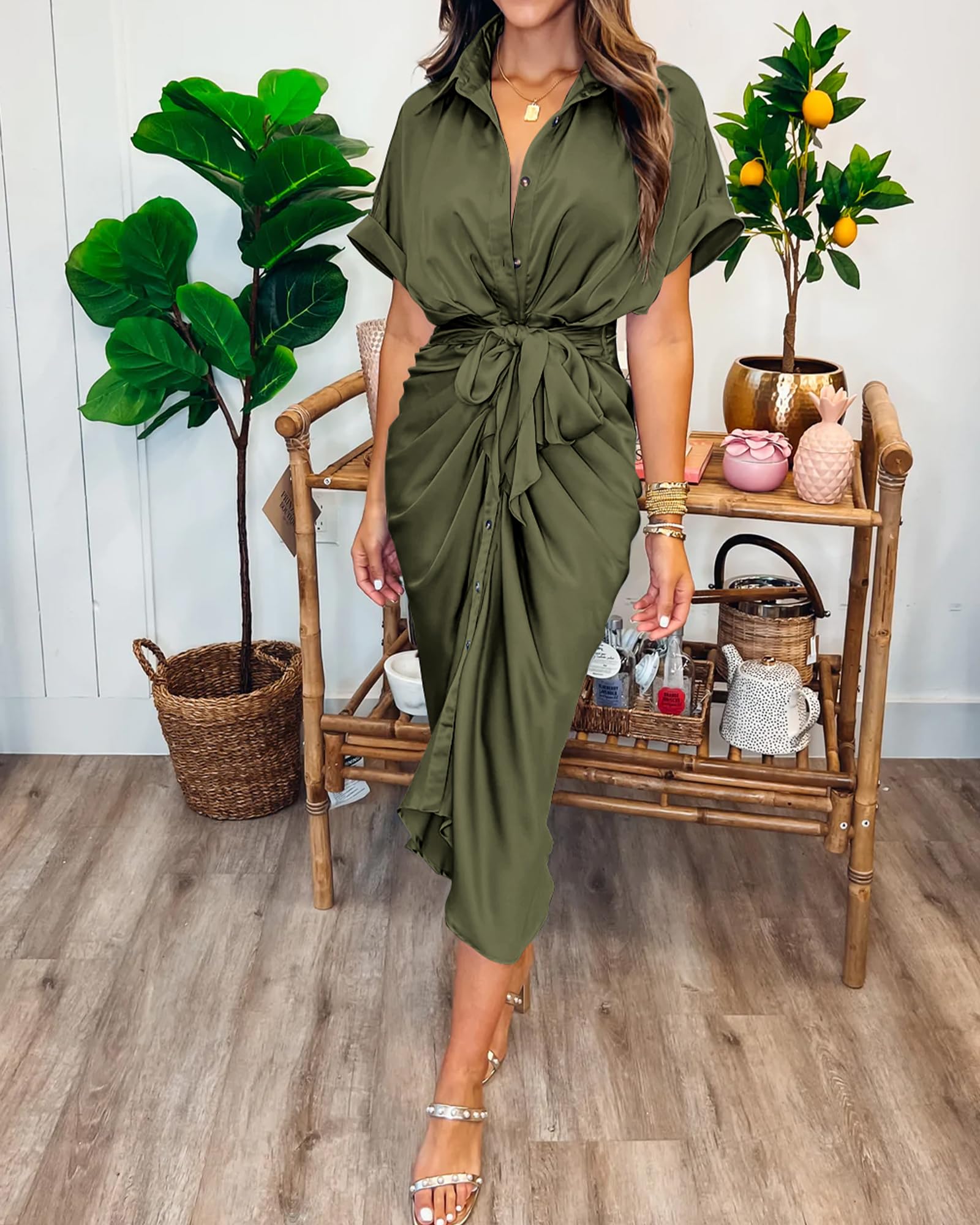 BTFBM Women Button Down Ruched Shirt Dresses Satin Short Sleeve Lapel V Neck Summer Maxi Dress 2025 Party Wedding Guest