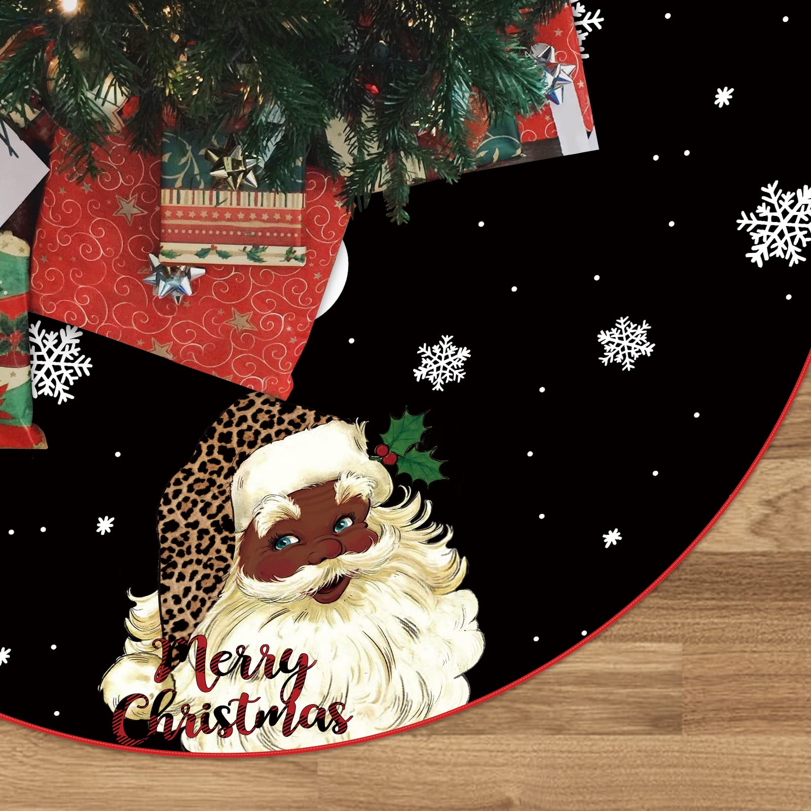 Christmas Tree Skirt Black Snowflake Black Santa African American Santa Tree Skirt 48inch Xmas Winter Tree Skirt for Christmas Indoor Outdoor Decorations