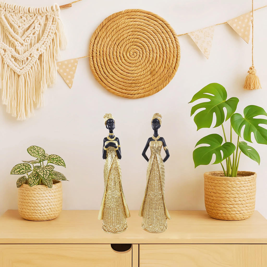 Set of 3 Resin African Woman Statues – Elegant Tribal Figurines in Gold Dresses, Afrocentric Home Decor Sculptures for Living Room, Bookshelf, Gift