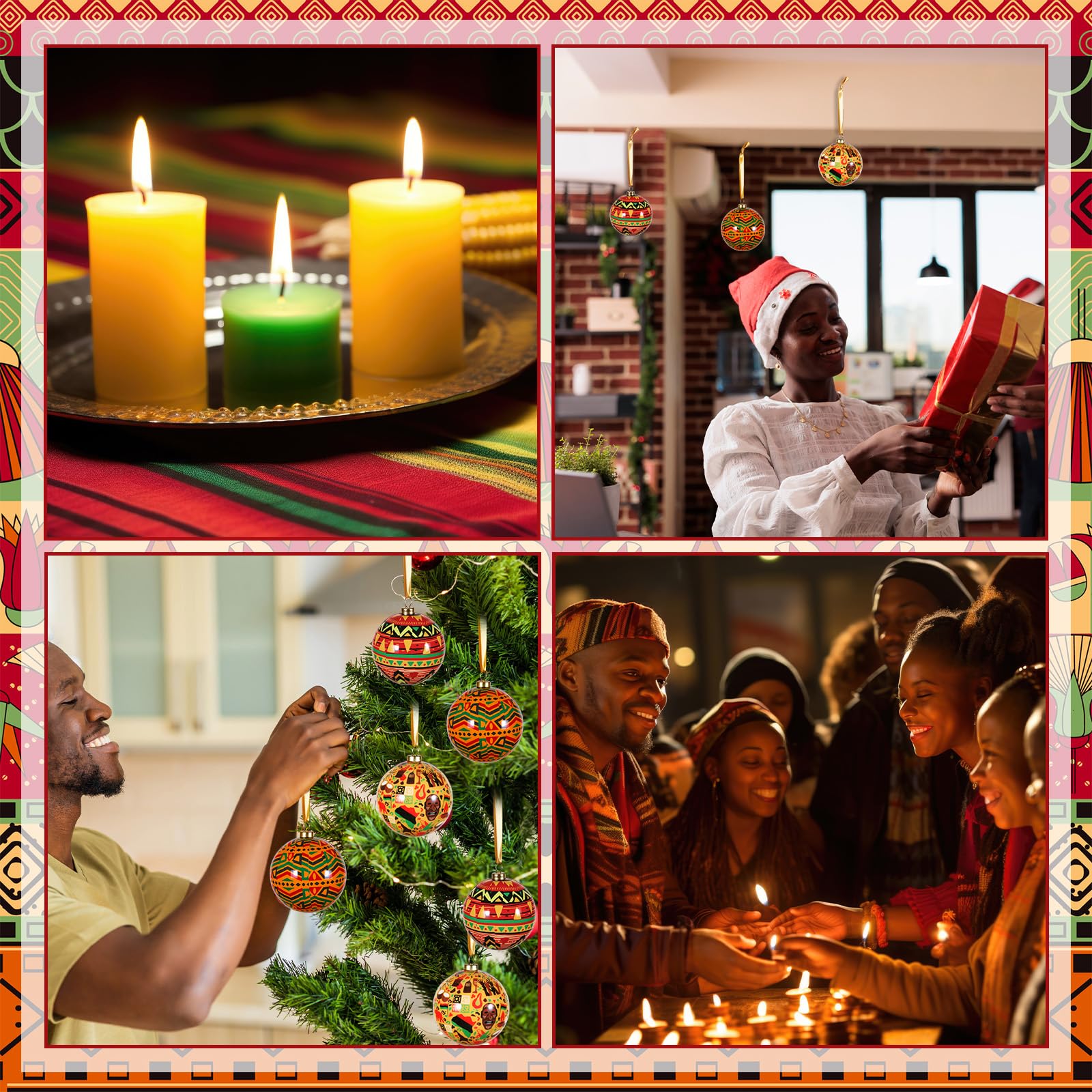 18 Pack Kente African Black Christmas Tree Balls Ornaments 2.76in Hanging Kwanzaa Ball Decorations Set Traditional African Print for Christmas Tree Kwanzaa Decor