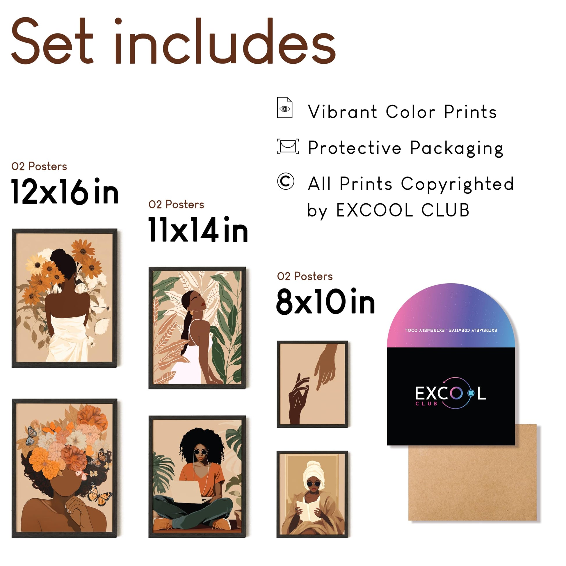 EXCOOL CLUB Black Girl Wall Art - 12x16 Boho Black Women Wall Art Decor, Black Woman Art Prints, Black Girls Paintings Posters, African American Pictures for Home Bedroom Decorations (UNFRAMED)