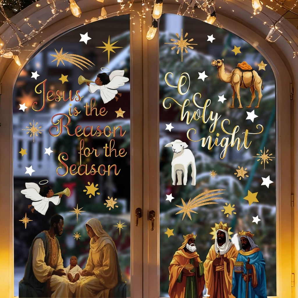 4 Sheets Christmas Window Clings, Double-Sided African American Nativity Scene Window Sticker, Jesus is The Reason for The Season Decals, for Xmas Holiday Home Office Glass Door Window Decorations