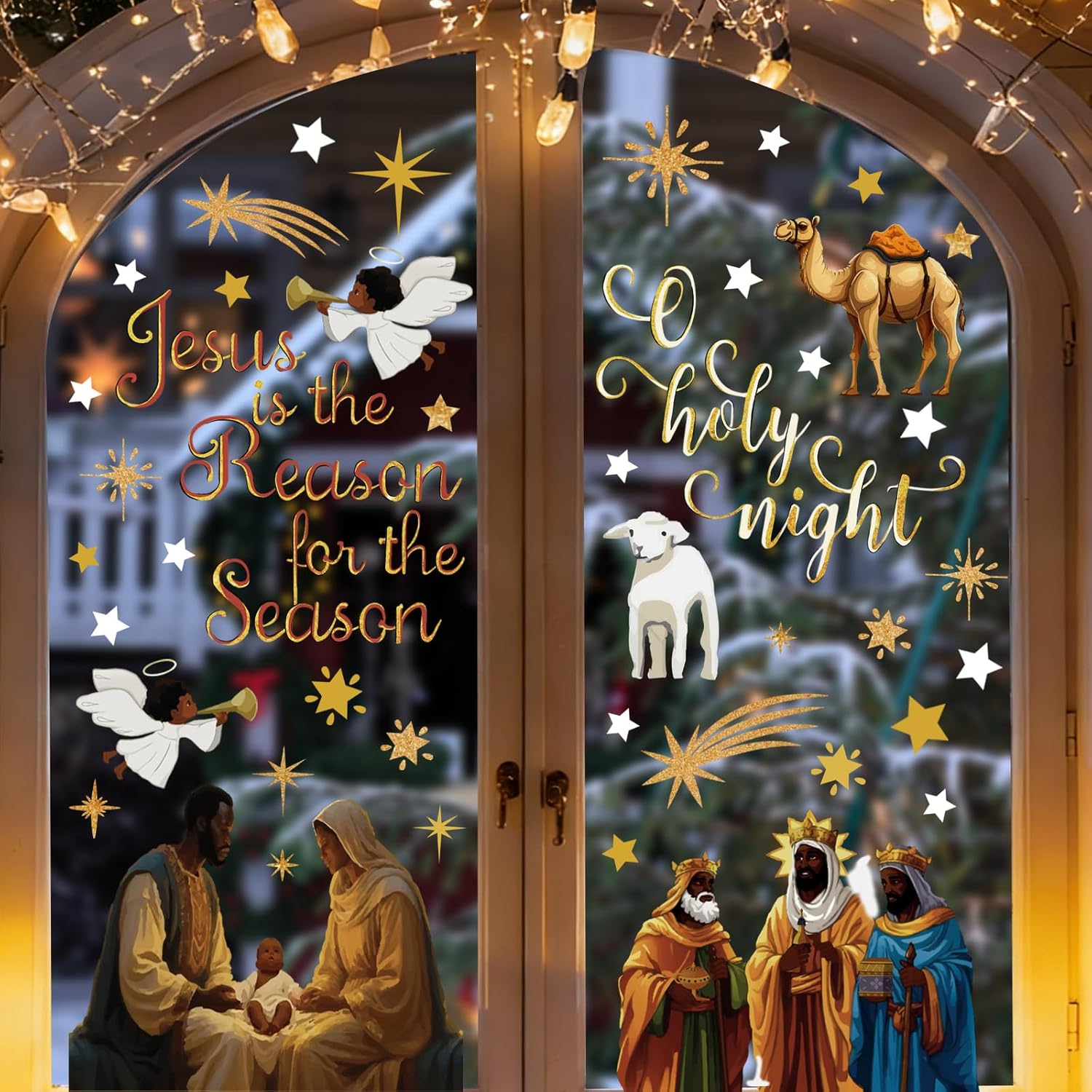 4 Sheets Christmas Window Clings, Double-Sided African American Nativity Scene Window Sticker, Jesus is The Reason for The Season Decals, for Xmas Holiday Home Office Glass Door Window Decorations