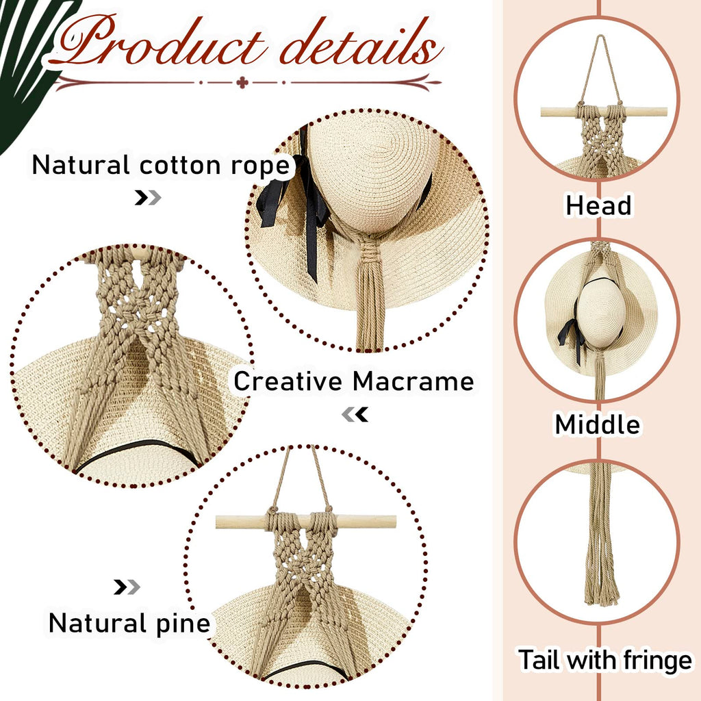 Yulejo Macrame Hat Hangers Boho Hat Rack for Wall Western Cowboy Hanging Organizer for Door Wall Room Bedroom