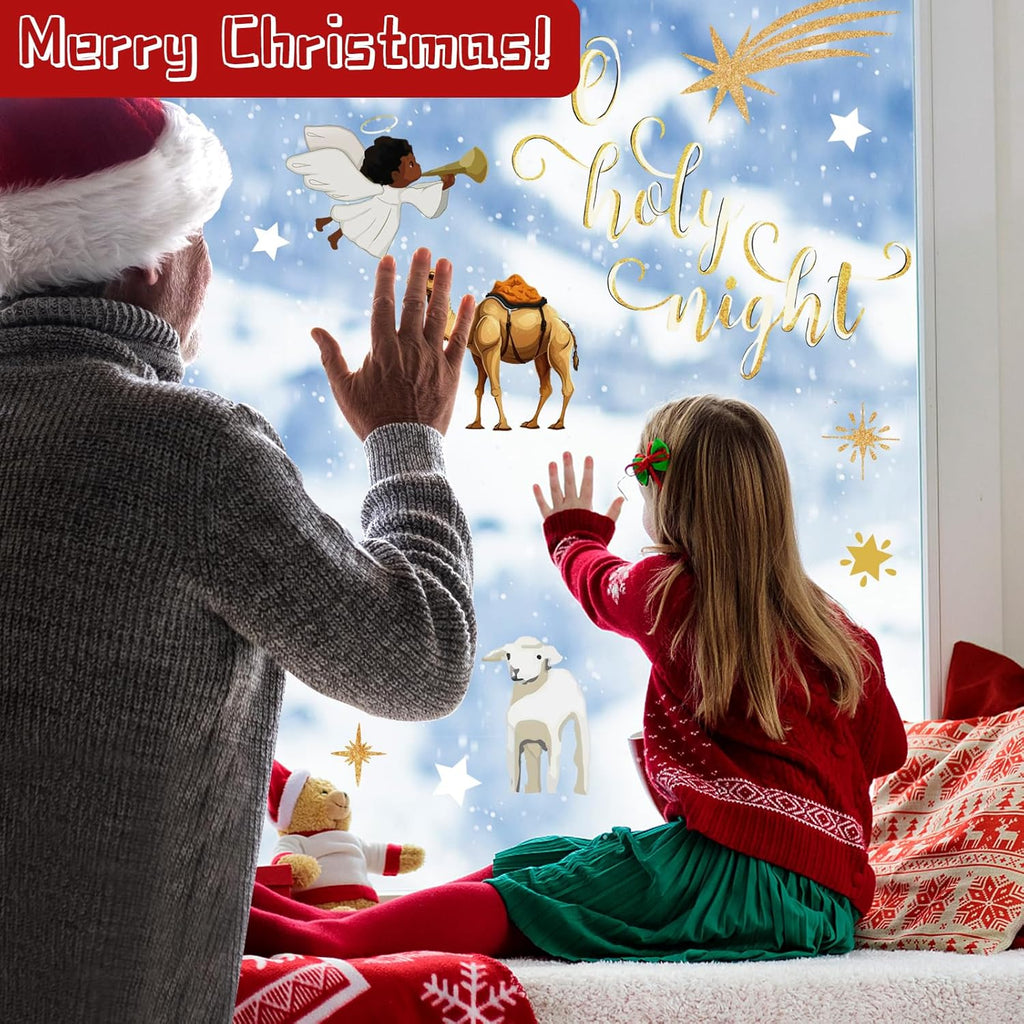 4 Sheets Christmas Window Clings, Double-Sided African American Nativity Scene Window Sticker, Jesus is The Reason for The Season Decals, for Xmas Holiday Home Office Glass Door Window Decorations