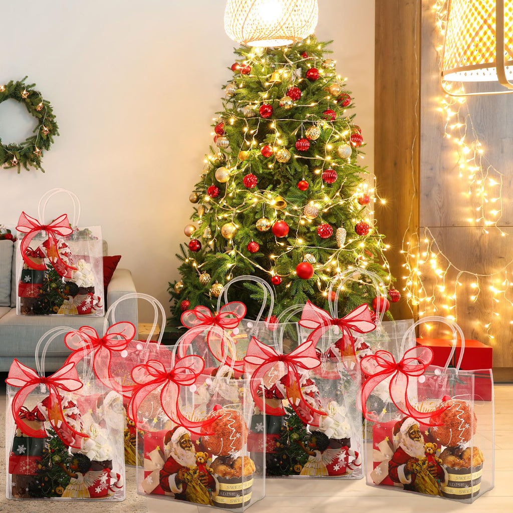 Motipuns 24 Pcs Christmas Clear PVC Gift Bags with Handles and Ribbon African American Black Santa Claus Party Favor Reusable Plastic Candy Treat Tote Bags for Merry New year Xmas Birthday Supplies