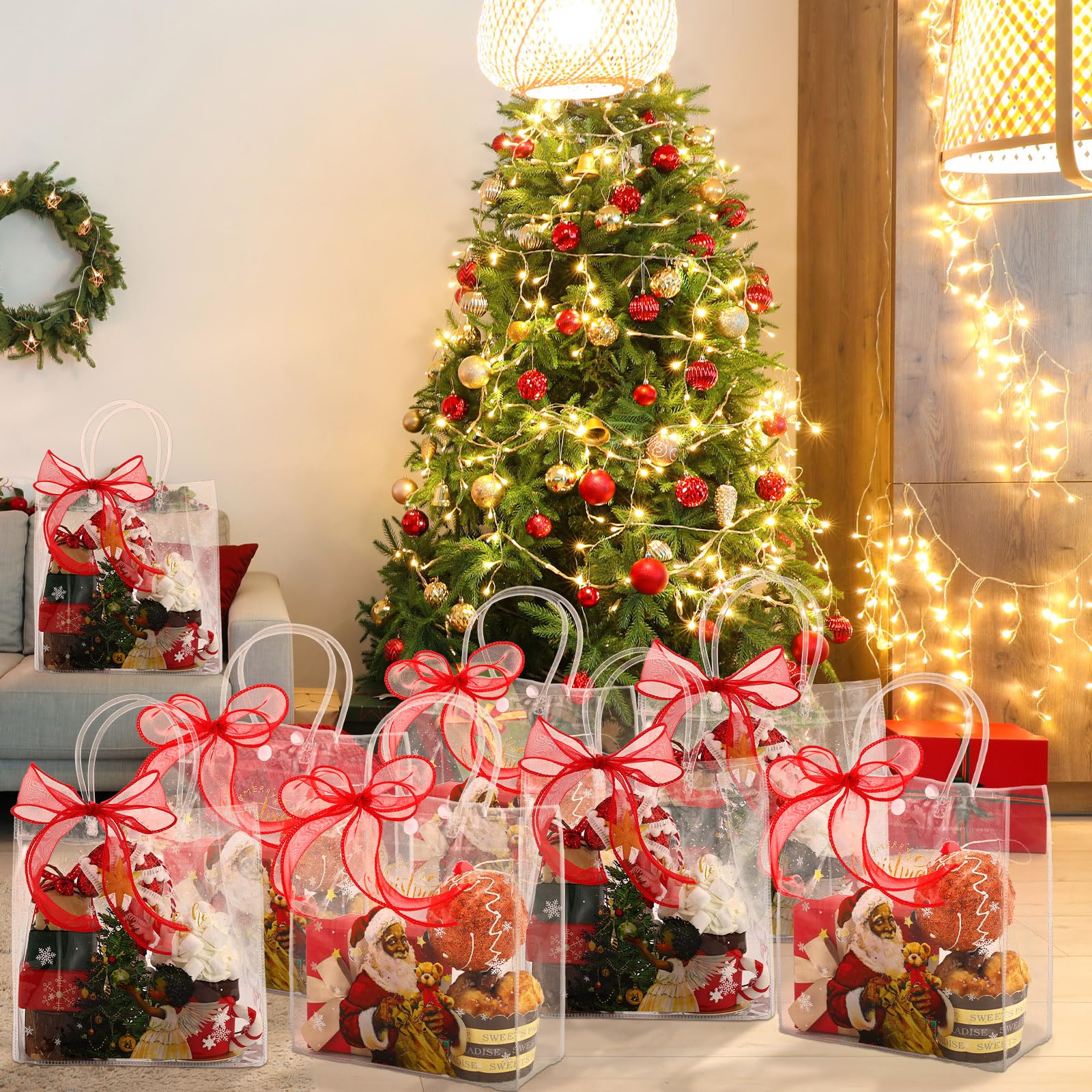 Motipuns 24 Pcs Christmas Clear PVC Gift Bags with Handles and Ribbon African American Black Santa Claus Party Favor Reusable Plastic Candy Treat Tote Bags for Merry New year Xmas Birthday Supplies