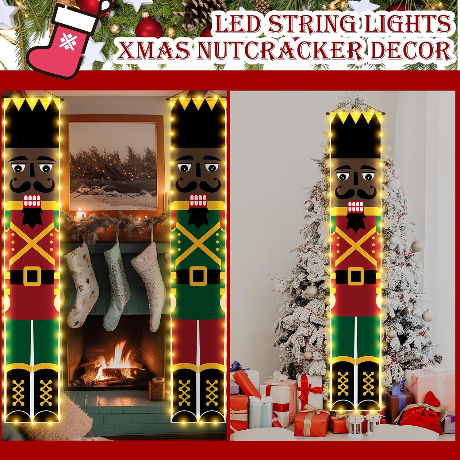 2 Pcs LED Black Soldier Christmas Decorations Outdoor African American Door Banners Tall Soldier Banners Xmas Decor for Home Front Porch Garden Yard Holiday Party