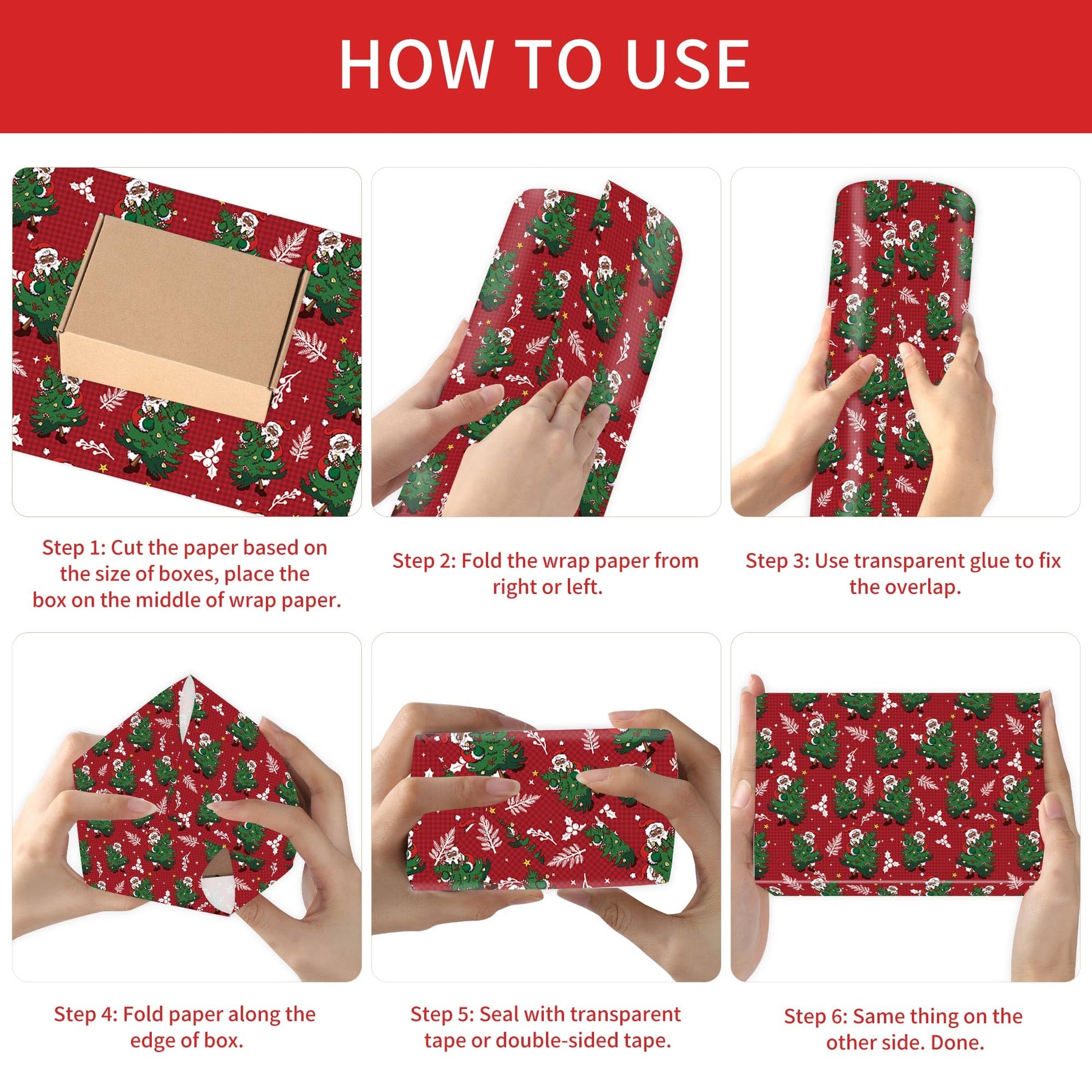 CRASHOT Christmas Wrapping Paper - 12 Sheet Black Girl Gift Wrapping Paper, Xmas Tree Santa Design for Party Birthday Holiday (Not Roll, 19.7 x 27.6 Inch)