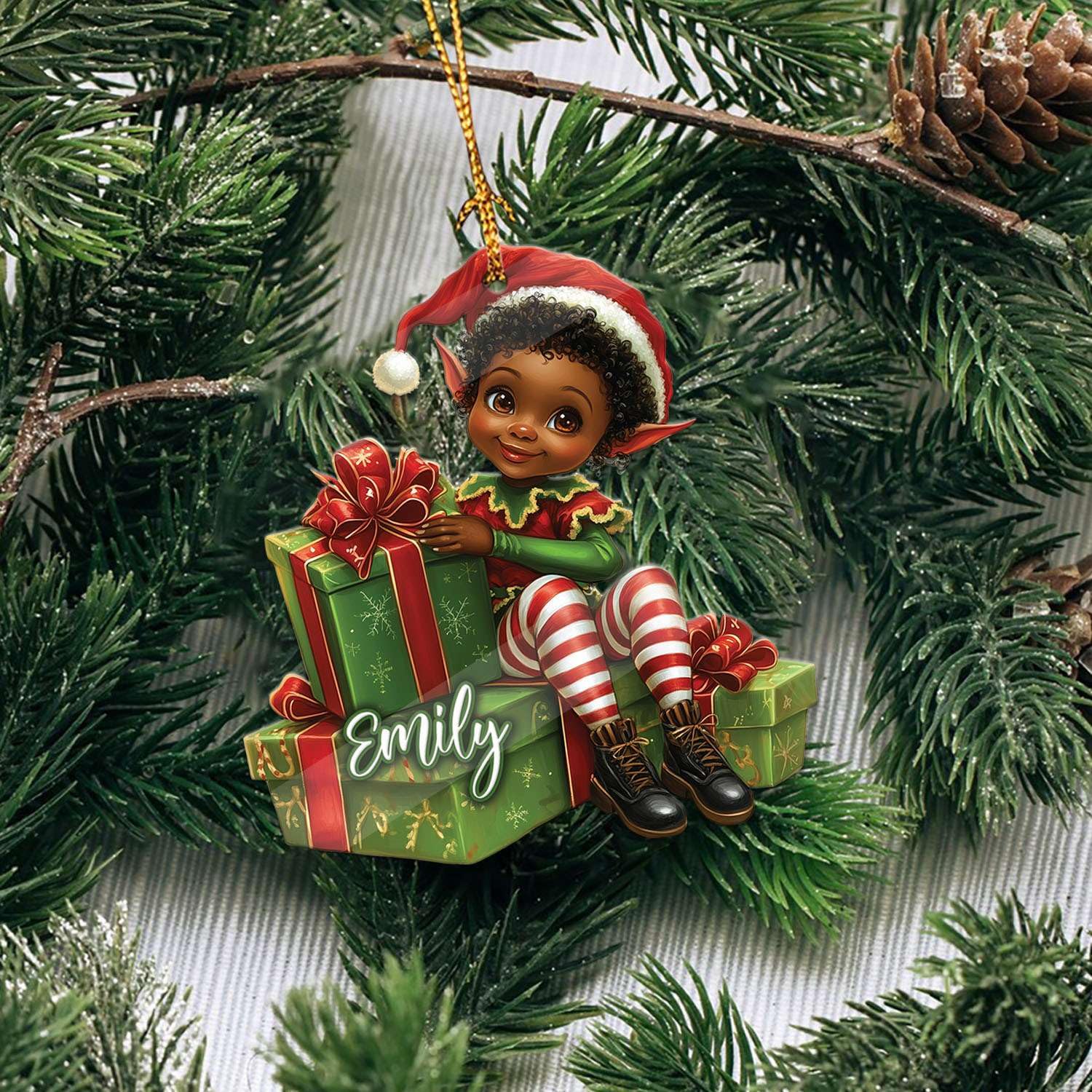2D Acrylic Christmas Elf Shaped Ornament with Gift Box, Personalized Name Holiday Keepsake, Cute Ornament for Kids Room, Custom Name African-Inspired Decoration, Gifts for Boys