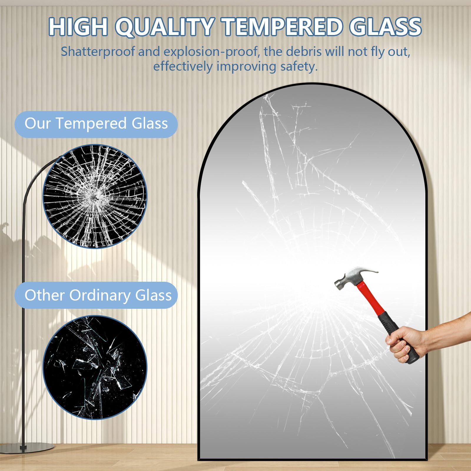 Oversized Floor Mirror Full Length with Stand, 72"X44" Extra Large Arch Standing Mirror Full Length, Tempered Glass Black Full Body Mirror for Bedroom Living Room, Aluminum Alloy Frame