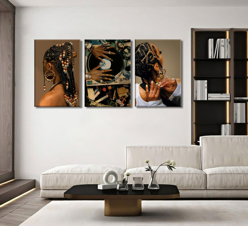3Pcs Black Woman Canvas Wall art Boho Fashion Black Girl Painting Picture Wall Decor Abstract African American Poster Print Artwork for Living Room Bedroom Office Home Decoration,16x24in Canvas