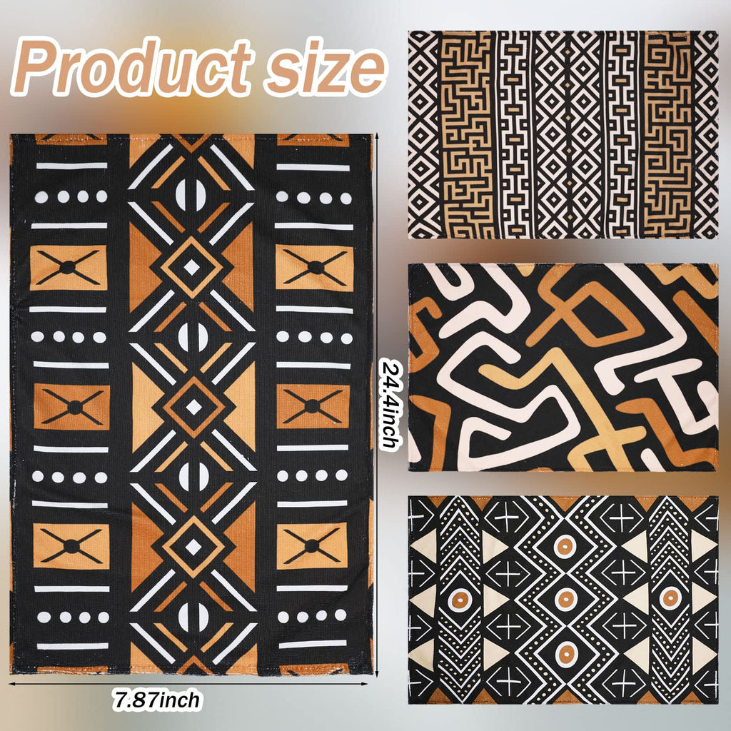 Lasnten African Kitchen Towels Set of 4 Boho Decorative Nativetea Dish Hand Towels Mudcloth Fabric Brown Ethnic Decor for Cooking Housewarming Kuba Tribal Home Decor(African Boho Style)