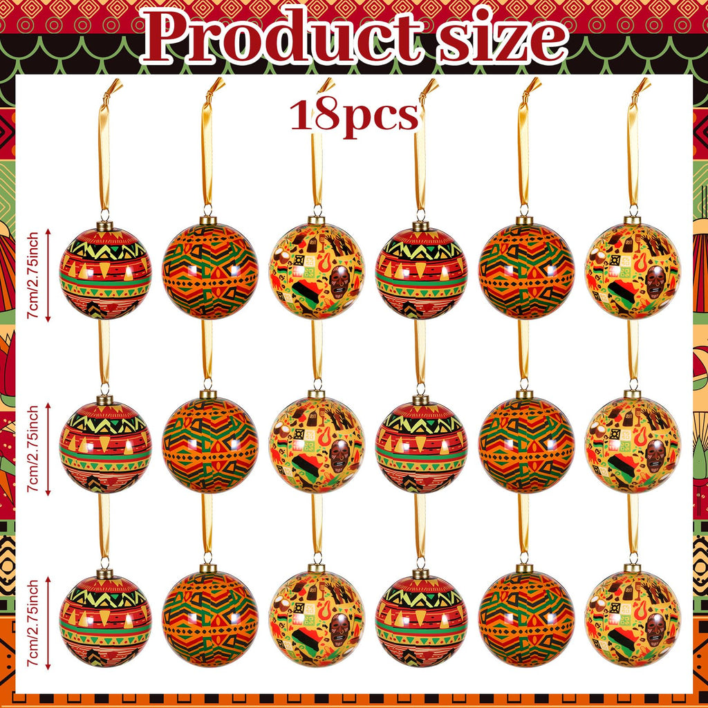 18 Pack Kente African Black Christmas Tree Balls Ornaments 2.76in Hanging Kwanzaa Ball Decorations Set Traditional African Print for Christmas Tree Kwanzaa Decor
