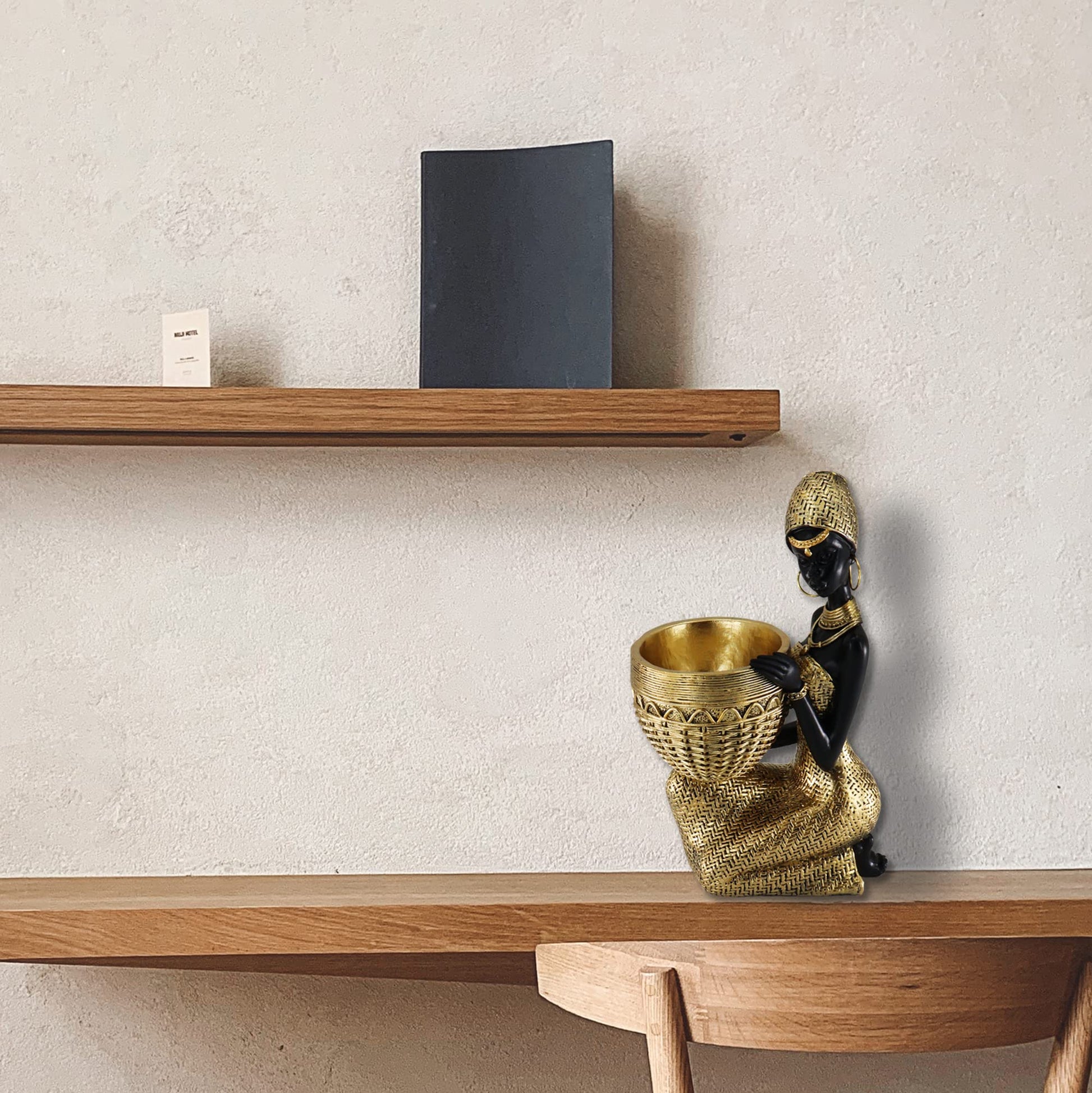 Handmade African Tribal Woman Sculpture - Gold Adorned Seated Figure with Basket, Vintage Resin Statue for Home Decor, Unique Housewarming Gift for Shelf/Table (9.65" H)