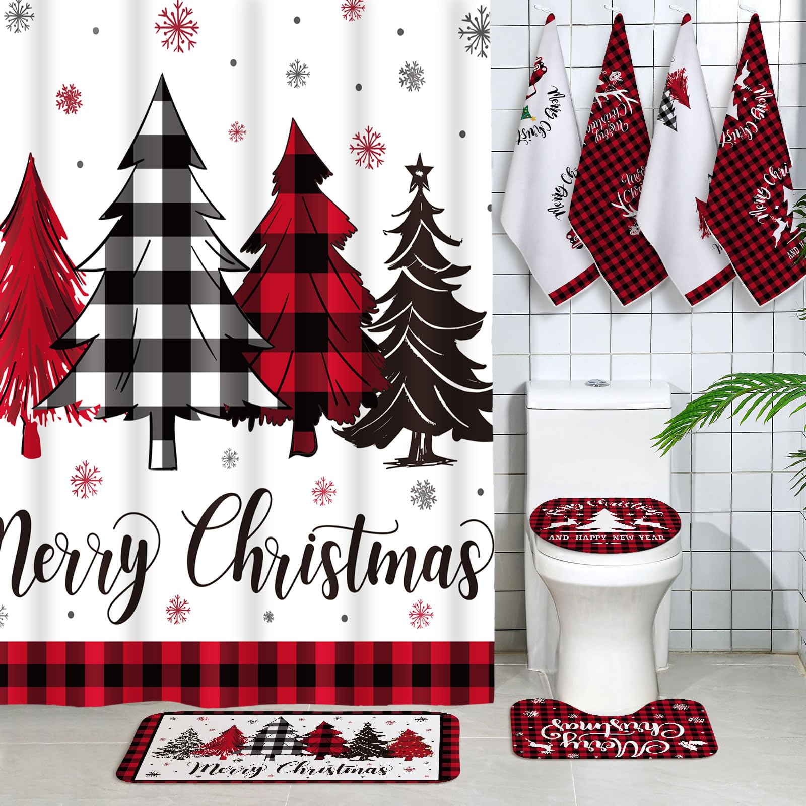 Honoson 8 Pcs Christmas Black Santa Claus Shower Curtain Set with Rugs and Kitchen Towels African American Retro Christmas Bathroom Decor Black Santa Curtain Decorations Xmas Farmhouse Gifts