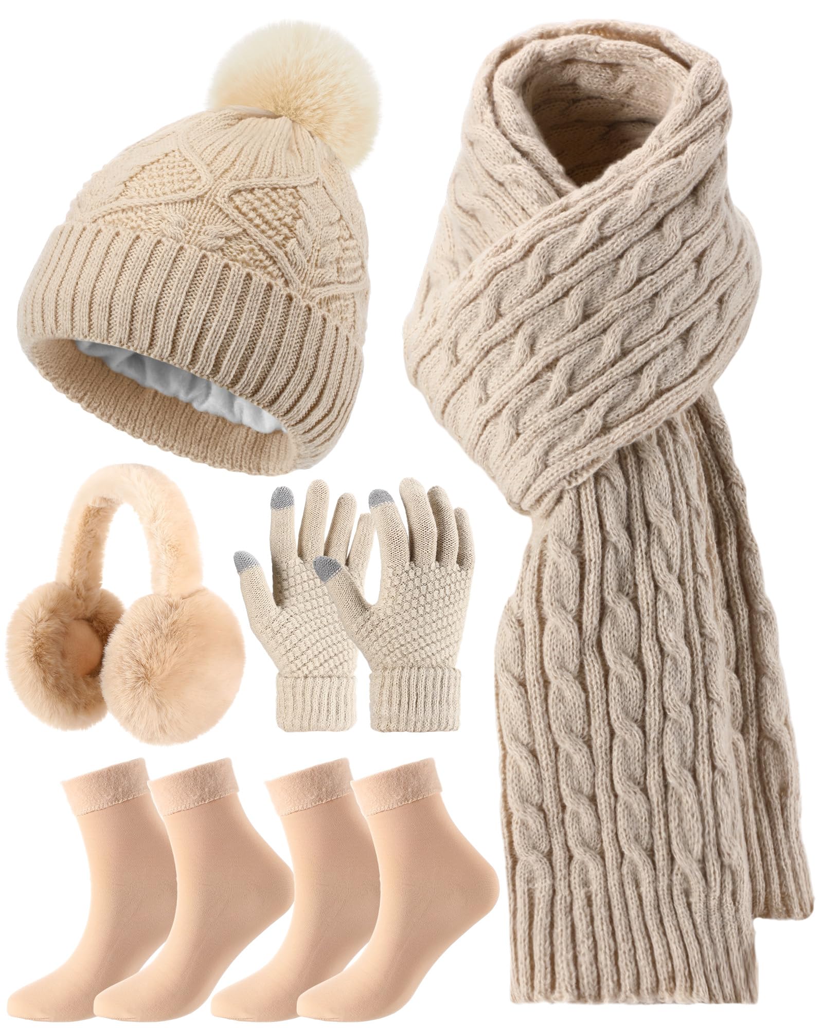 Geyoga 6 Pcs Winter Warm Set for Women Warm Beanies Hats Touchscreen Gloves Long Scarf Ear Muffs Socks Winter Gifts for Women