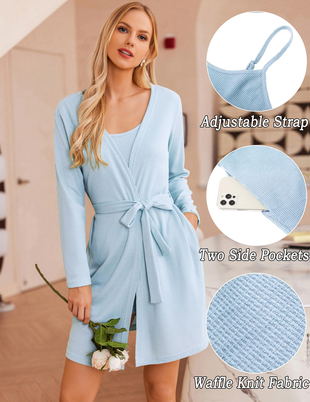 Ekouaer Womens 3 Piece Waffle Knit Lounge Set Soft Pajama Sets Tank Top and Shorts Cardigan with Pockets S-XXL