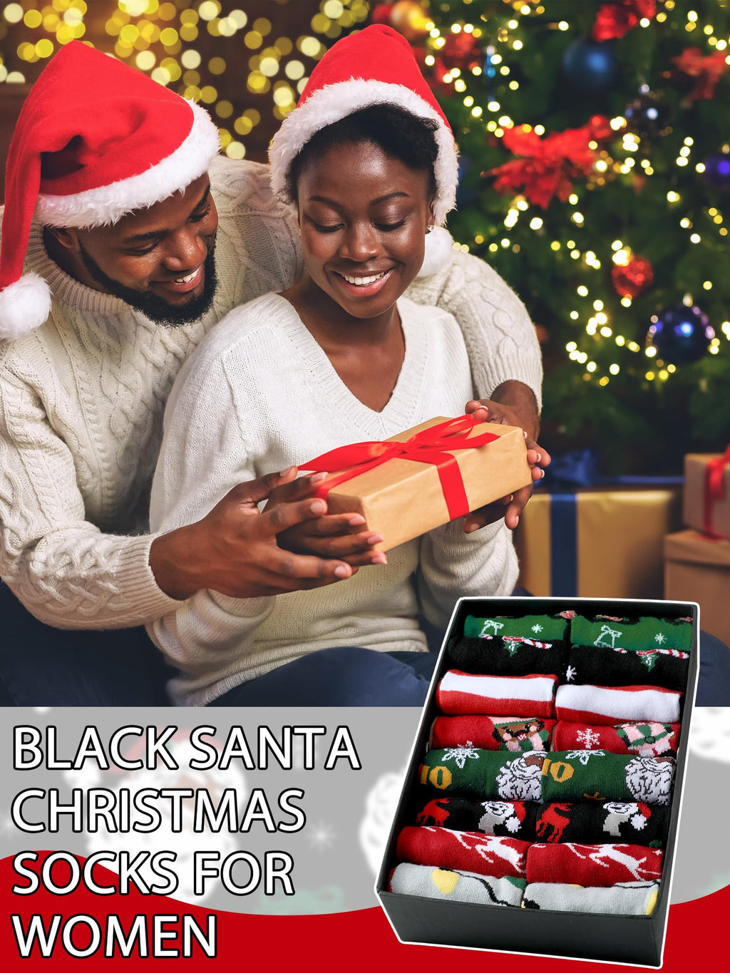 8 Pairs Novelty Black Santa Christmas Socks Funny African American Santa Crew Socks for Christmas Stocking Stuffers