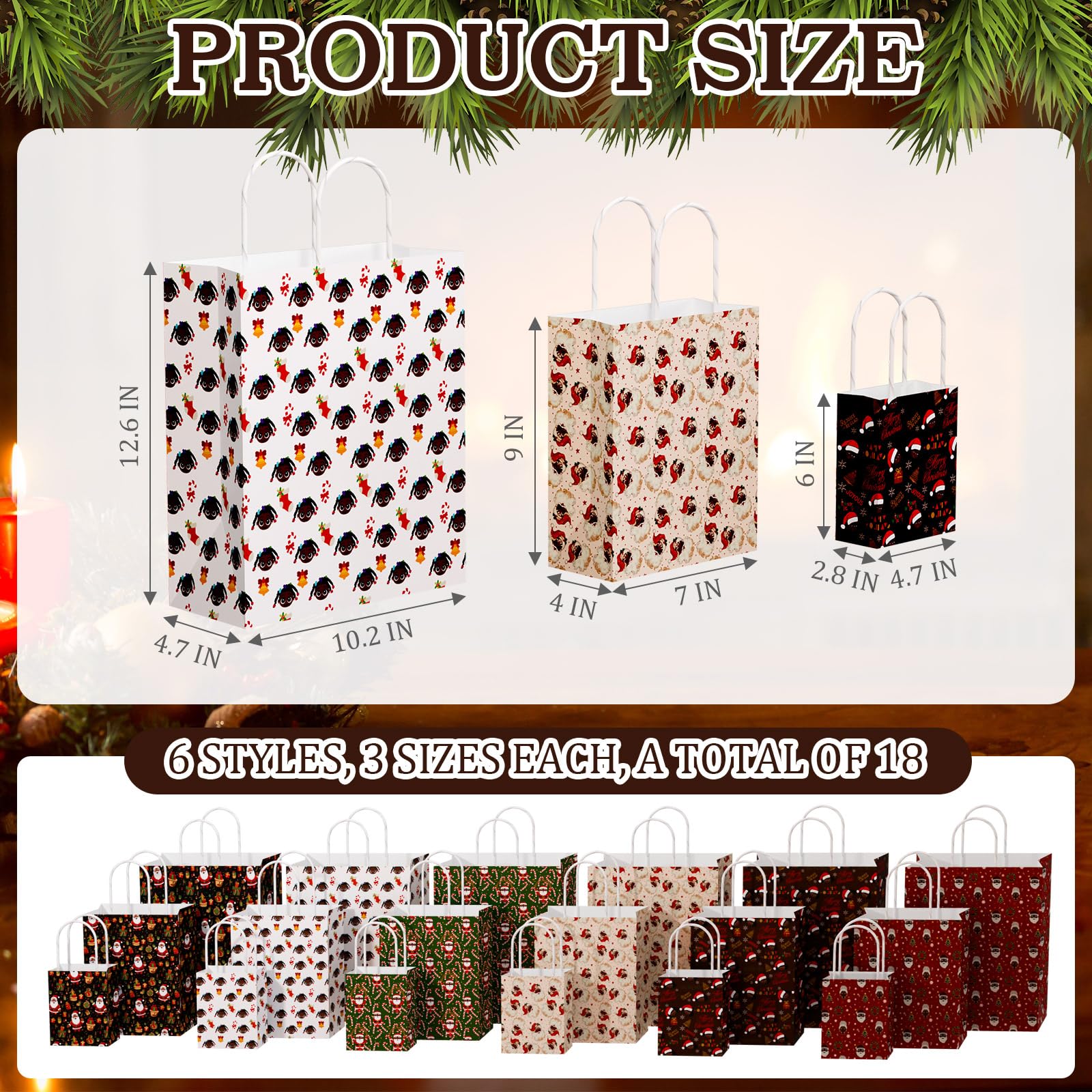 Trandraft 18 Pcs African American Christmas Kraft Gift Bags with Handles Assorted Sizes Black Santa Christmas Gift Paper Bags 6 Styles 3 Sizes Xmas for Favors Wrapping