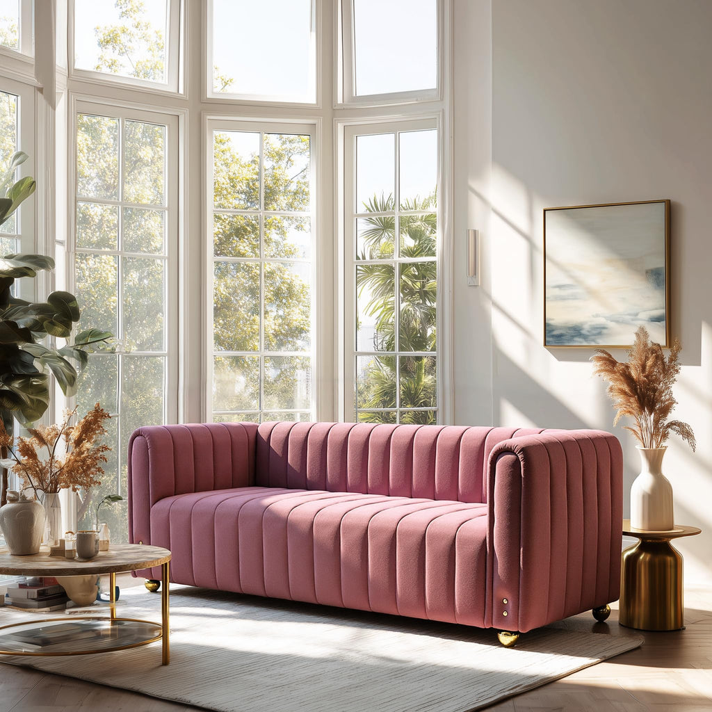81" W Tufted Velvet Couch,Modern Velvet Sofa with Round Handrails and Metal Legs for Living Room,Office,Apartment (1, Pink)