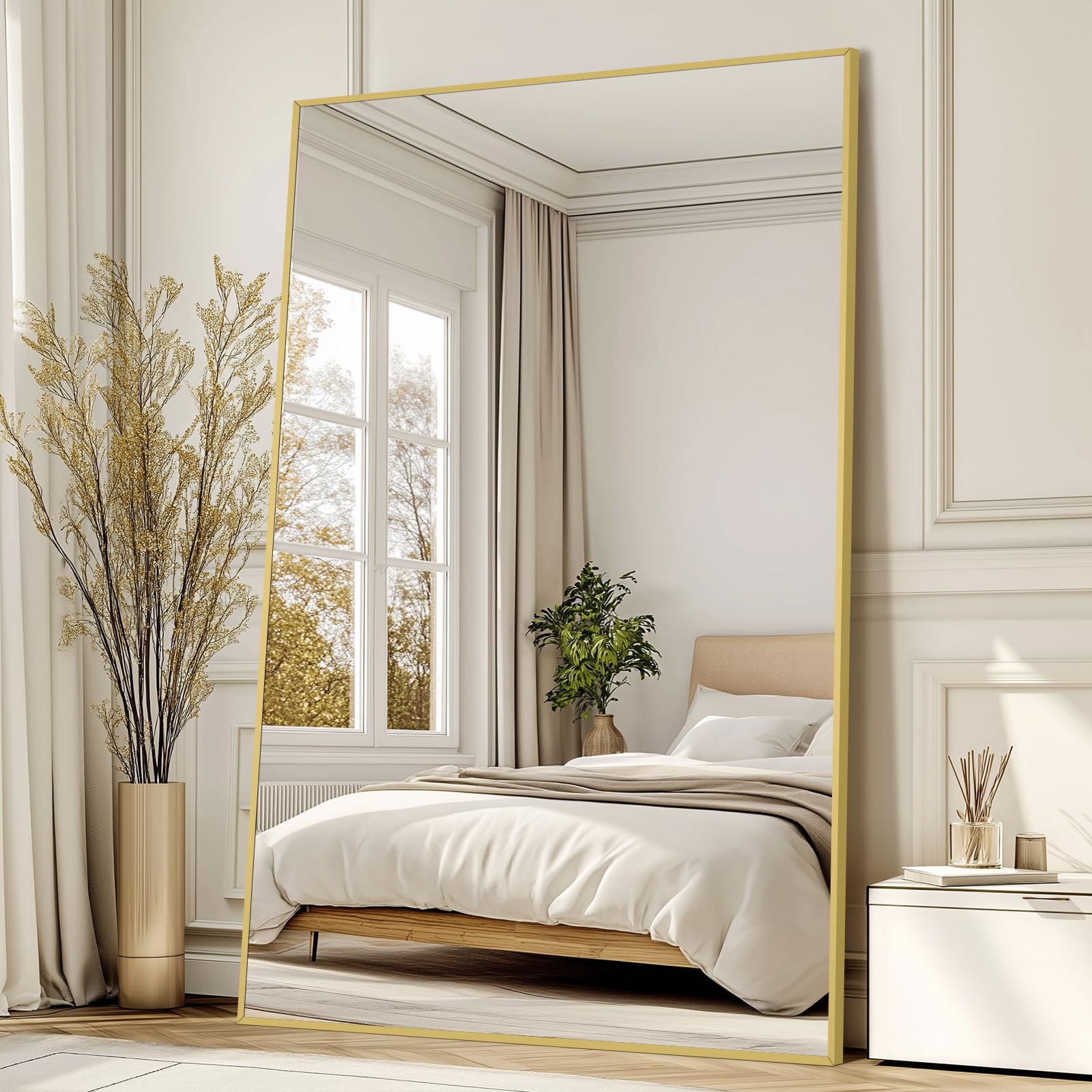 Oversized Floor Mirror Full Length with Stand, 72"X44" Extra Large Arch Standing Mirror Full Length, Tempered Glass Black Full Body Mirror for Bedroom Living Room, Aluminum Alloy Frame