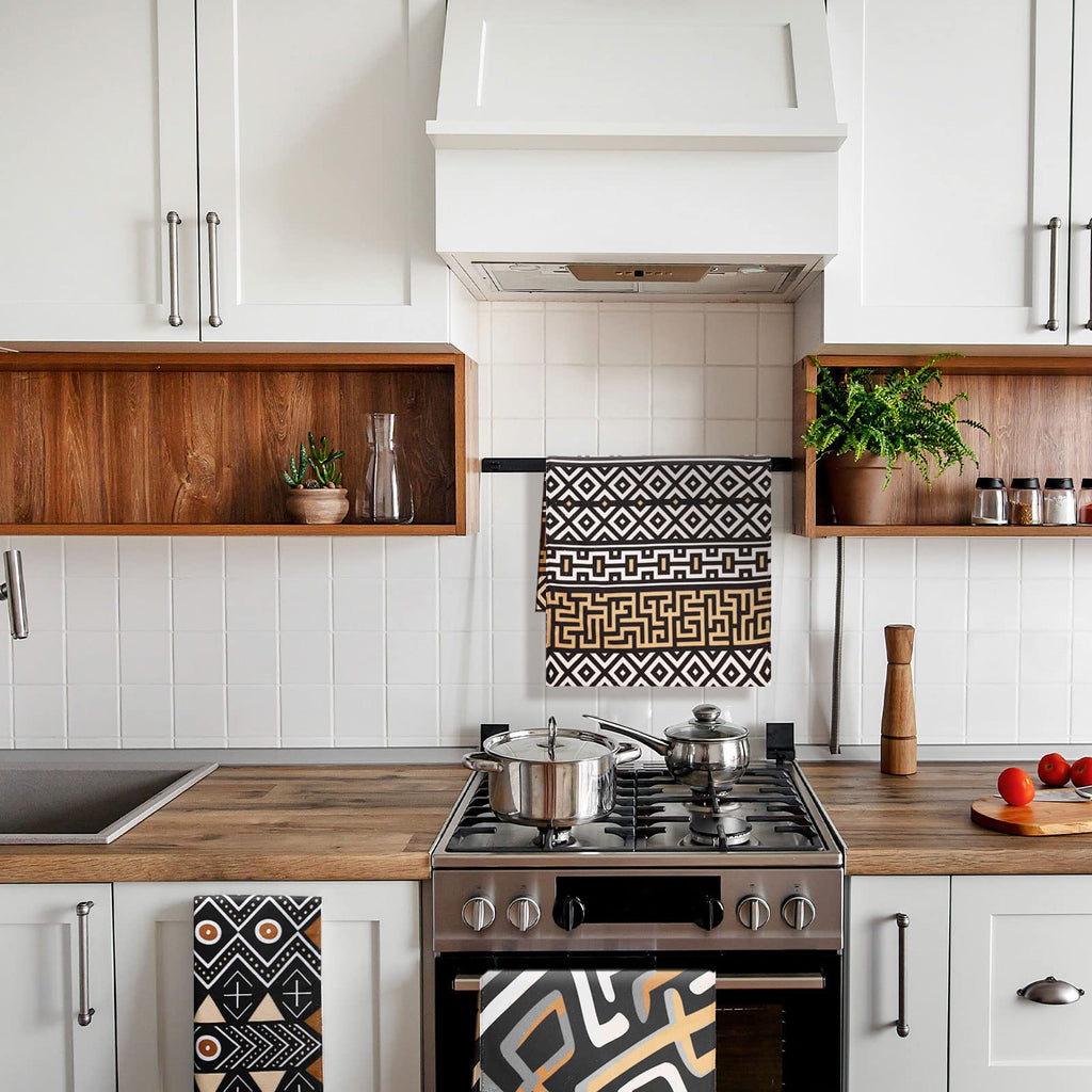 Lasnten African Kitchen Towels Set of 4 Boho Decorative Nativetea Dish Hand Towels Mudcloth Fabric Brown Ethnic Decor for Cooking Housewarming Kuba Tribal Home Decor(African Boho Style)