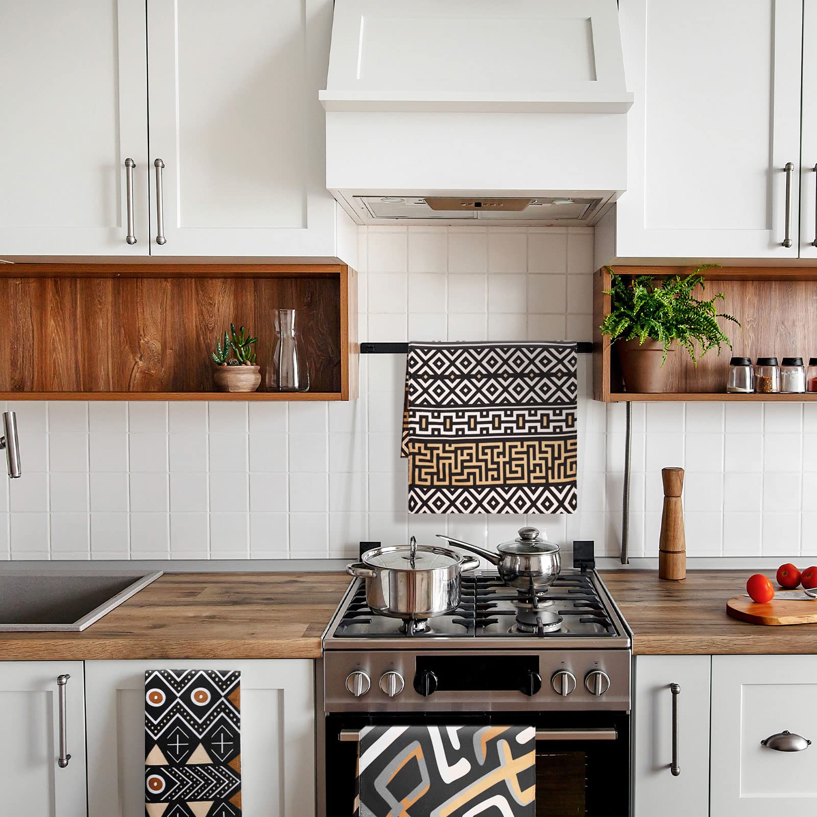 Lasnten African Kitchen Towels Set of 4 Boho Decorative Nativetea Dish Hand Towels Mudcloth Fabric Brown Ethnic Decor for Cooking Housewarming Kuba Tribal Home Decor(African Boho Style)