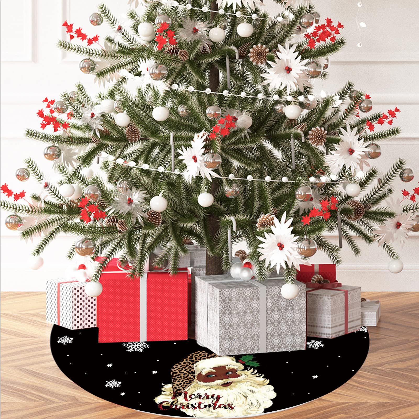 Christmas Tree Skirt Black Snowflake Black Santa African American Santa Tree Skirt 48inch Xmas Winter Tree Skirt for Christmas Indoor Outdoor Decorations
