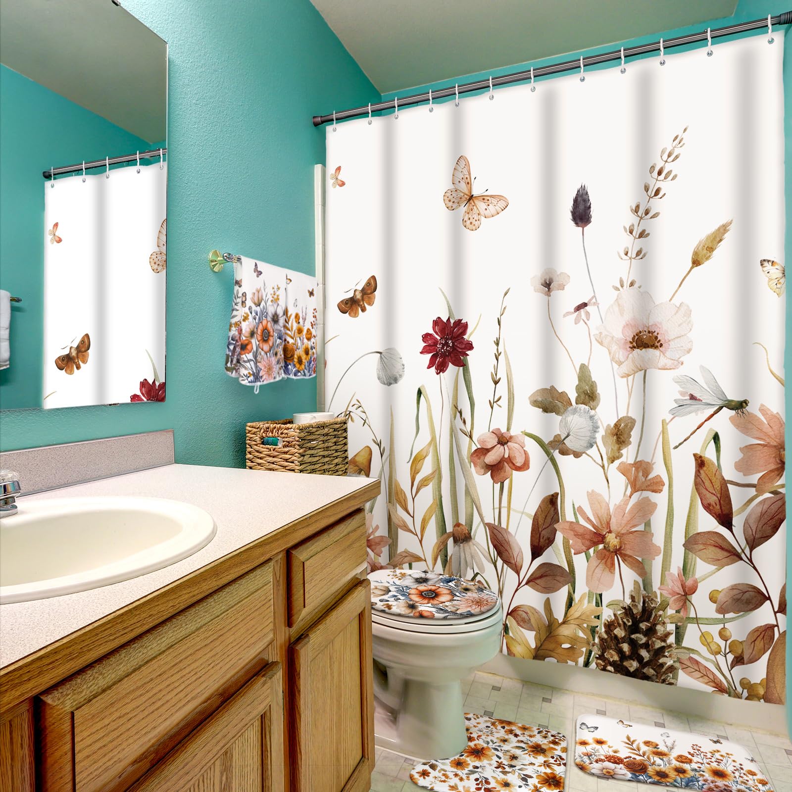 Honoson 8 Pcs Christmas Black Santa Claus Shower Curtain Set with Rugs and Kitchen Towels African American Retro Christmas Bathroom Decor Black Santa Curtain Decorations Xmas Farmhouse Gifts