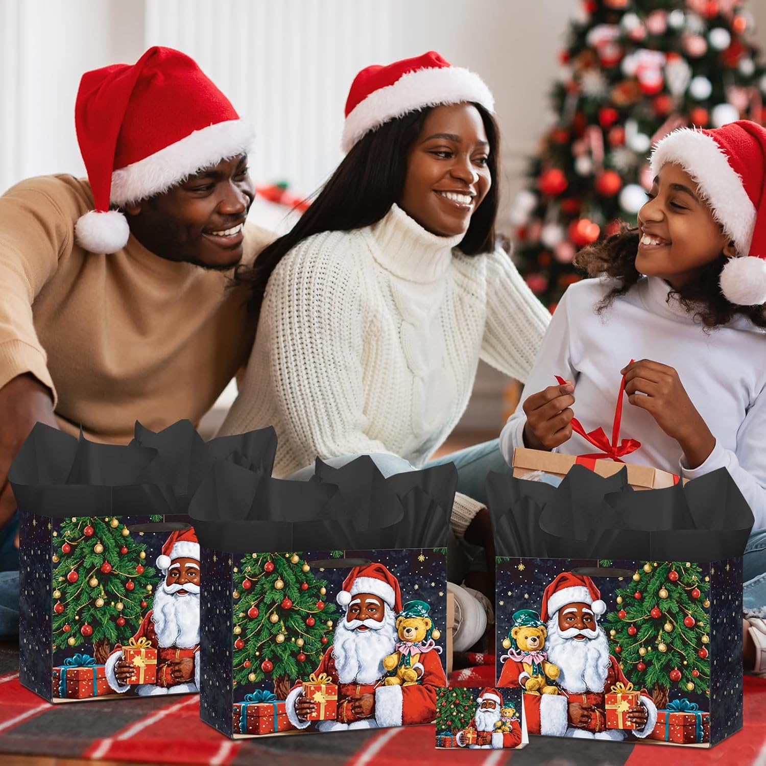 Merry Christmas Gift Bags African American Black Santa Claus Christmas Gift Wrapping Bag with Greeting Card and Tissue Wrapping Paper Large Xmas Goody Bags with Handles for Holiday Christmas Party Favors