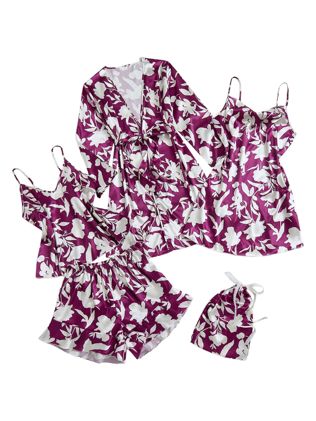 GORGLITTER Women's 5 Piece Floral Print Satin Pajama Set Nightgown Robe Cami Shorts Sleepwear with Storage Bag