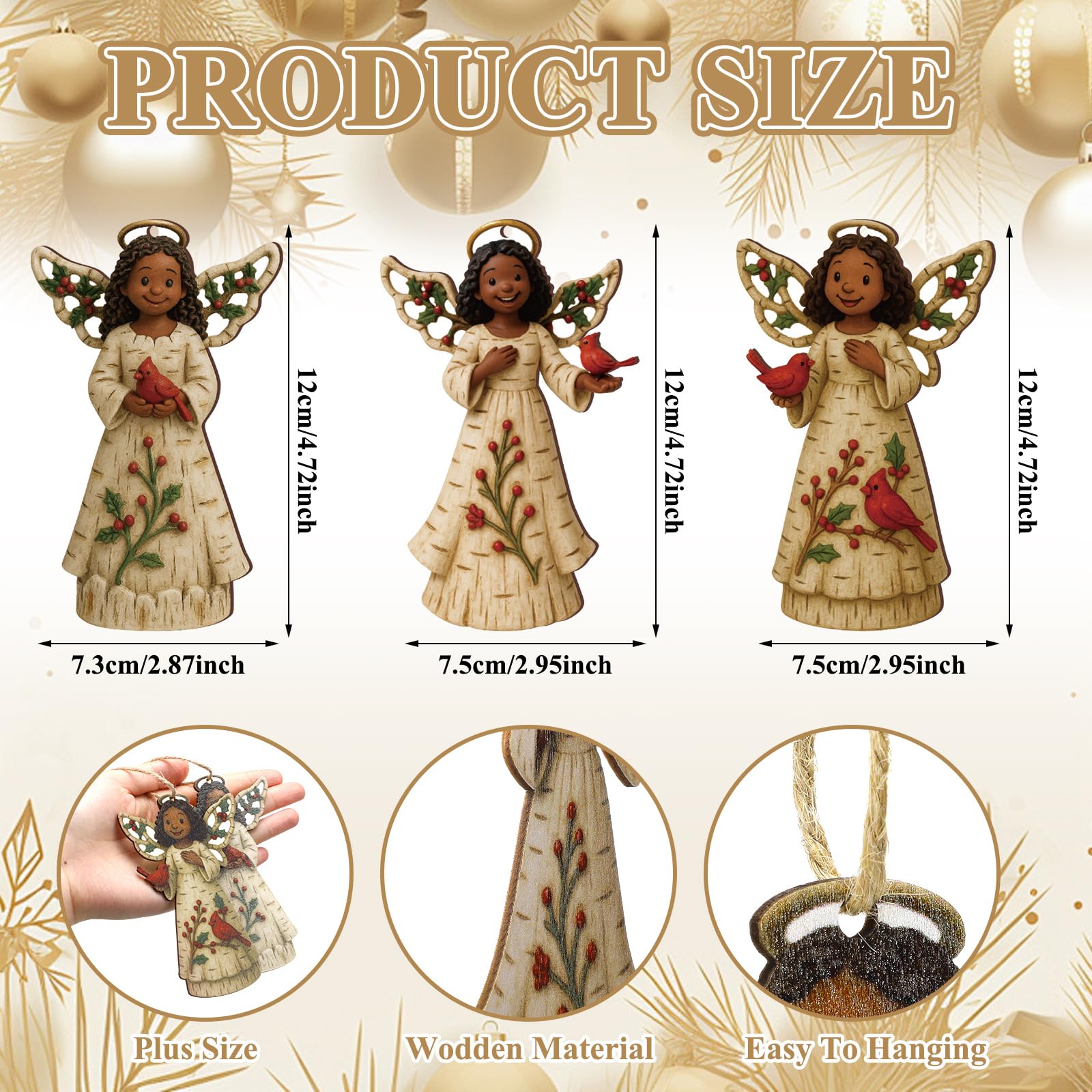 Youyole 24 Pcs Christmas Decoration African American Angel Ornaments with Cardinal Black Angel Ornaments Xmas Wooden Decor Gift for Christmas Tree Fireplace Office Holiday Decor (Wings)