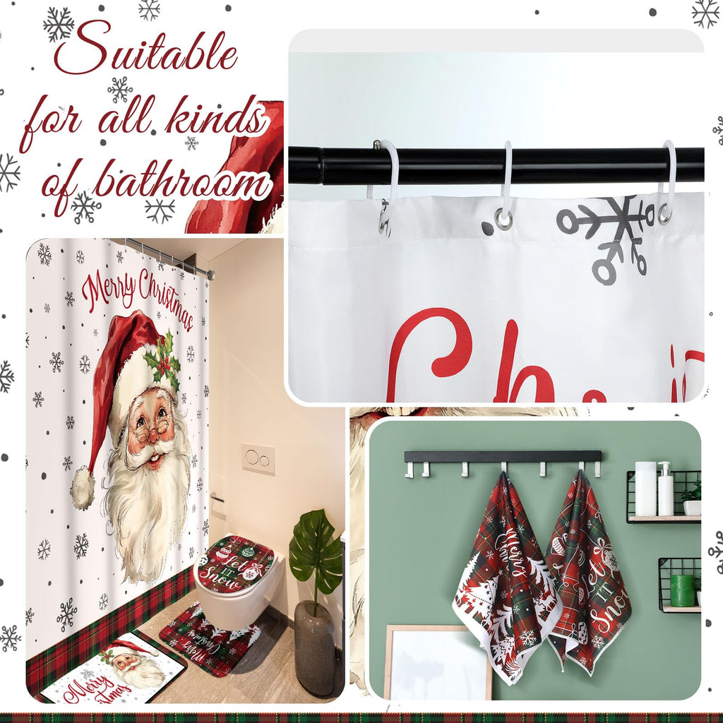 Honoson 8 Pcs Christmas Black Santa Claus Shower Curtain Set with Rugs and Kitchen Towels African American Retro Christmas Bathroom Decor Black Santa Curtain Decorations Xmas Farmhouse Gifts