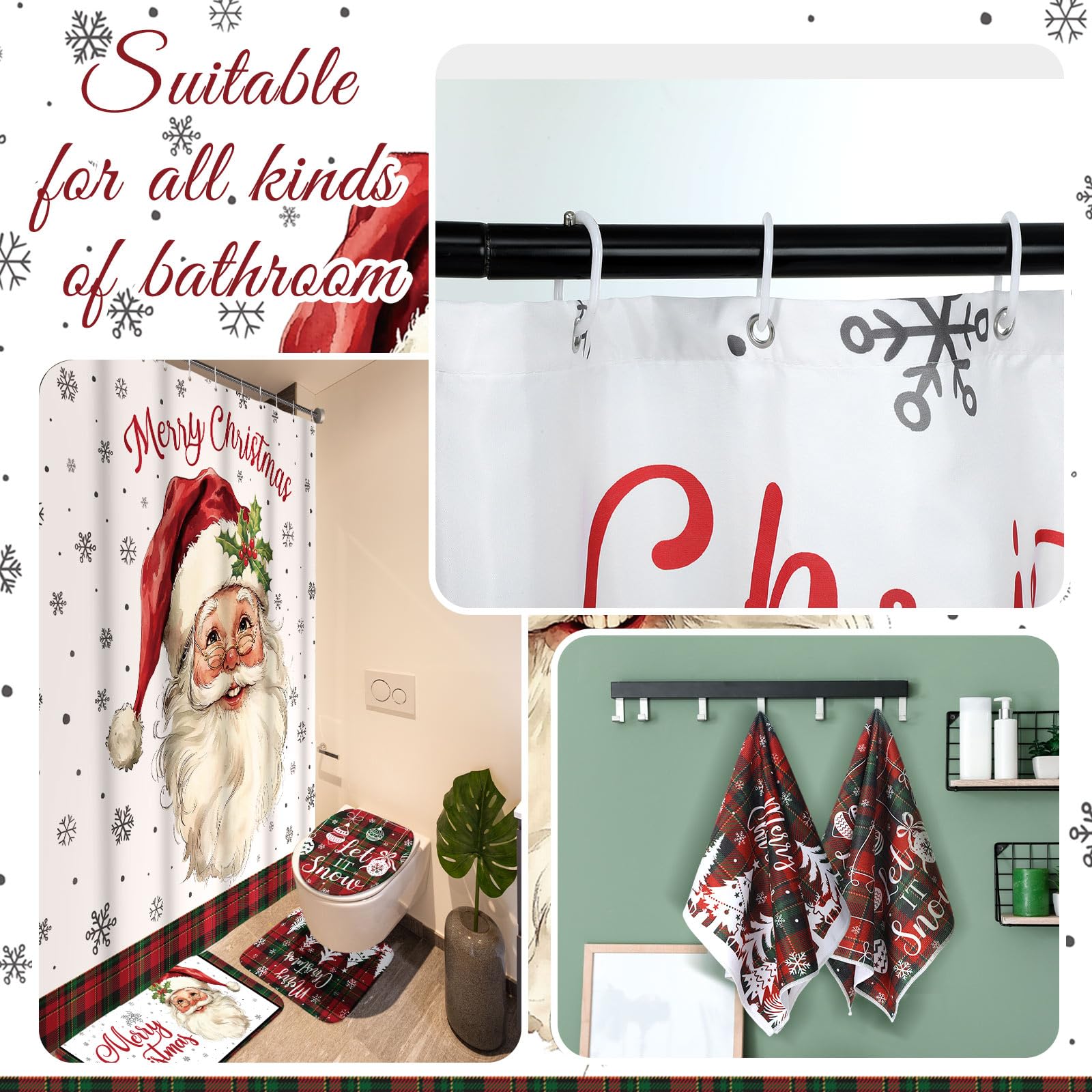 Honoson 8 Pcs Christmas Black Santa Claus Shower Curtain Set with Rugs and Kitchen Towels African American Retro Christmas Bathroom Decor Black Santa Curtain Decorations Xmas Farmhouse Gifts