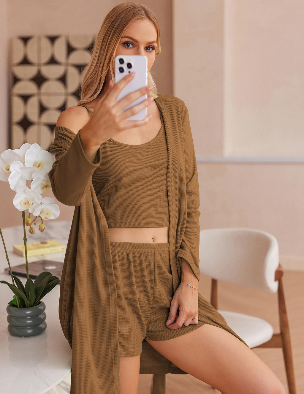 Ekouaer Womens 3 Piece Waffle Knit Lounge Set Soft Pajama Sets Tank Top and Shorts Cardigan with Pockets S-XXL