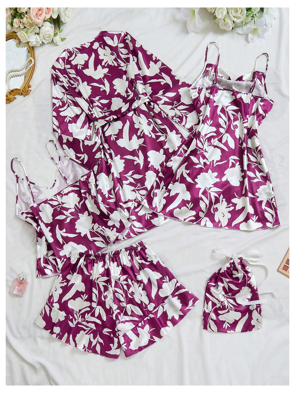 GORGLITTER Women's 5 Piece Floral Print Satin Pajama Set Nightgown Robe Cami Shorts Sleepwear with Storage Bag