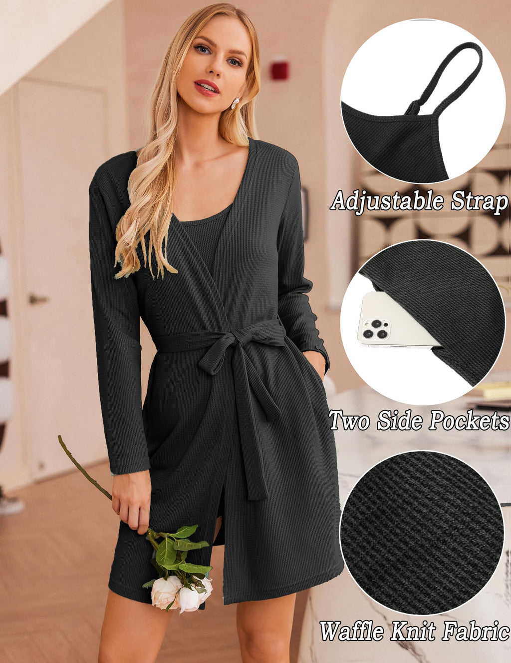 Ekouaer Womens 3 Piece Waffle Knit Lounge Set Soft Pajama Sets Tank Top and Shorts Cardigan with Pockets S-XXL