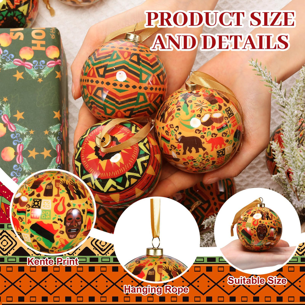 18 Pack Kente African Black Christmas Tree Balls Ornaments 2.76in Hanging Kwanzaa Ball Decorations Set Traditional African Print for Christmas Tree Kwanzaa Decor