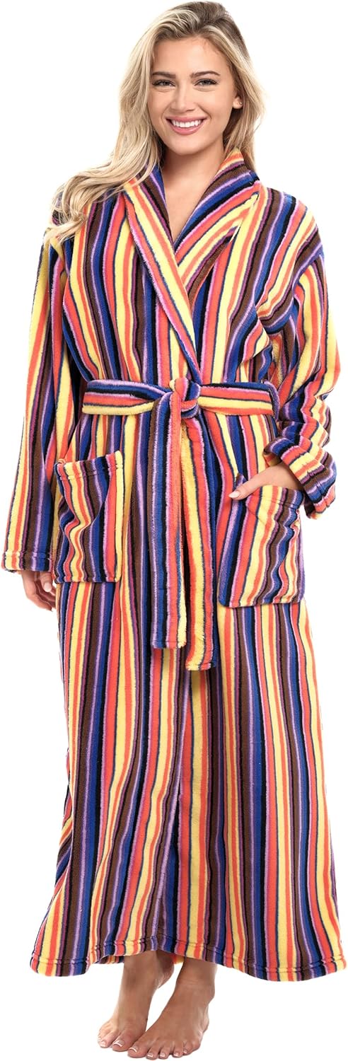 Alexander Del Rossa Plush Striped Robe for Women, Long Fleece Plaid Winter Bath Robe, Plus Size