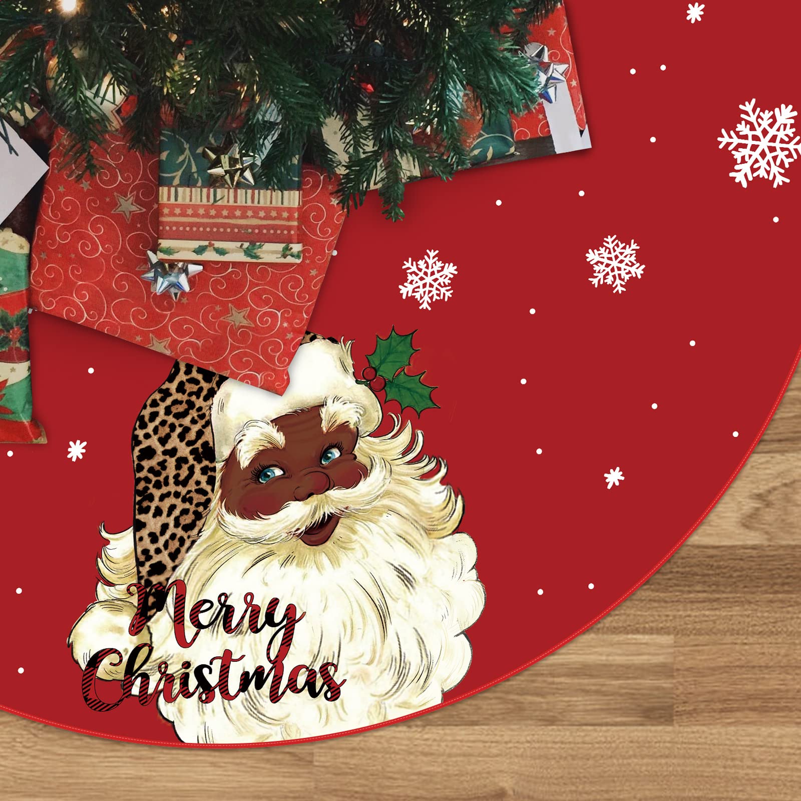 Christmas Tree Skirt Black Snowflake Black Santa African American Santa Tree Skirt 48inch Xmas Winter Tree Skirt for Christmas Indoor Outdoor Decorations