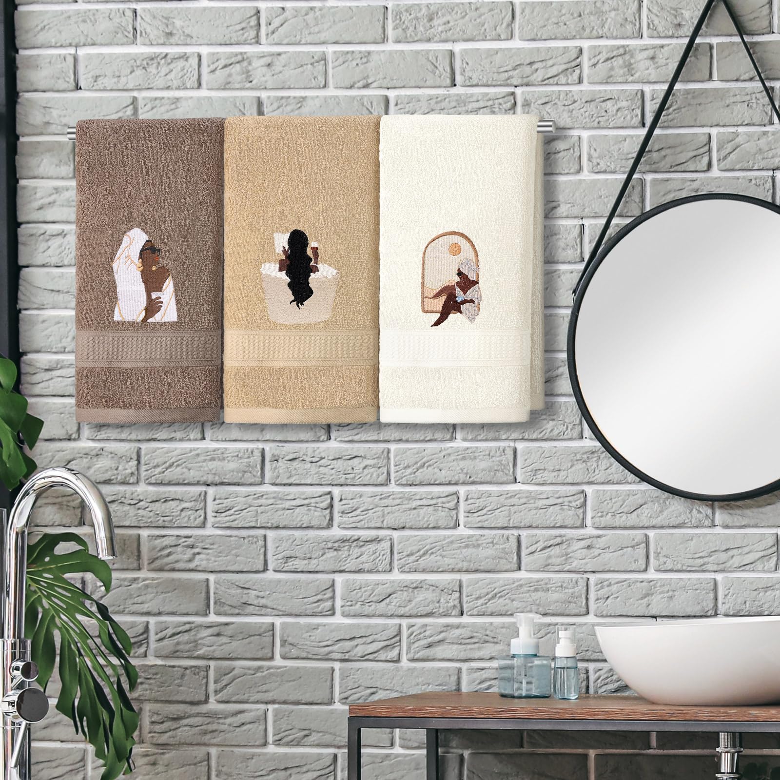 3 Pcs African Woman Hand Towels Black Girl African American Bathroom Home Decor Boho Decorative Farmhouse 100% Cotton Embroidered Towels for Bathroom Kitchen 13. 3 x 29. 5''